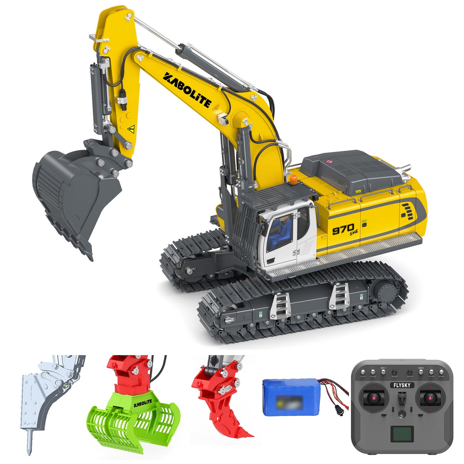 1/18 Scale Kabolite 5901 100S Electronic Lifting RC Excavator Toy - Flysky Remote Control Digger with Electric Ripper Hammer for Kids & Adults - Construction Site Play, Backyard Digging, STEM Learning Activity