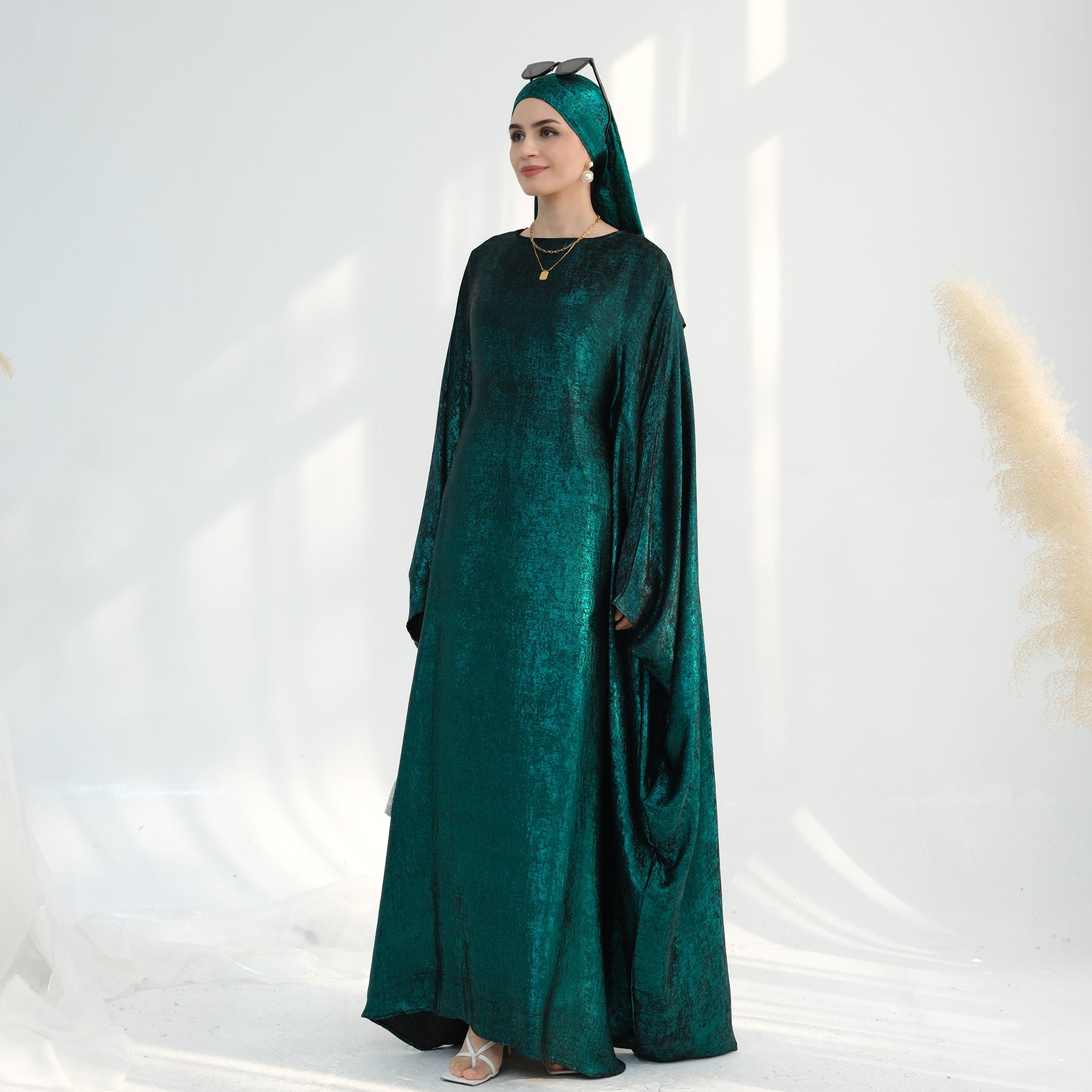 Linora Shimmer Butterfly Abaya - Elegant Green Islamic Dress for Women | Perfect for Eid, Ramadan, and Special Occasions