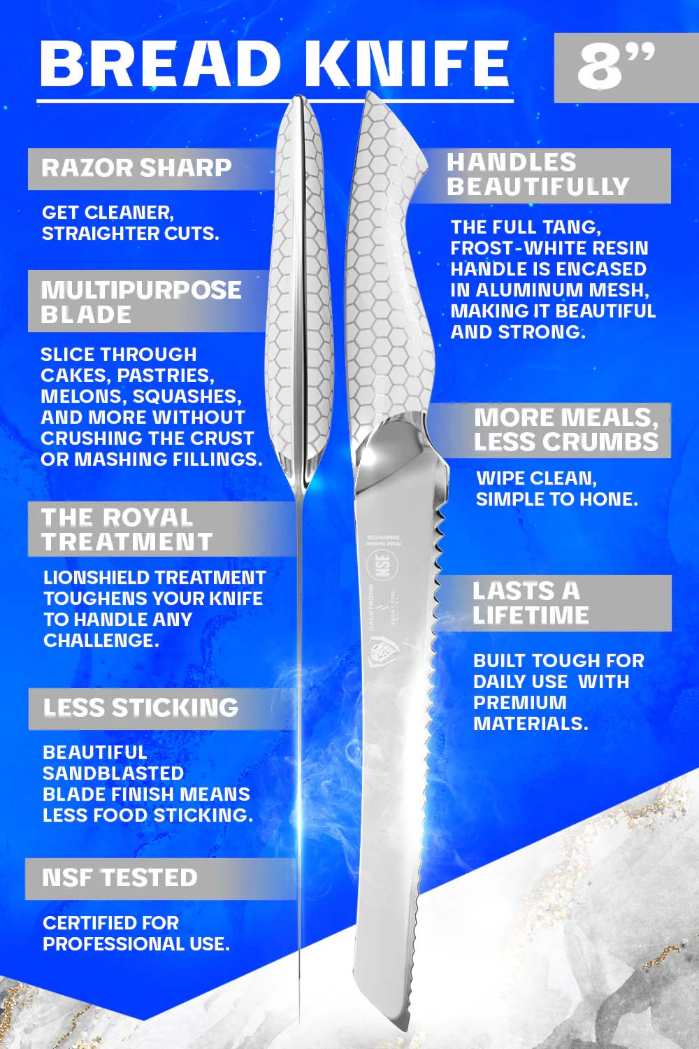 Dalstrong Frost Fire Series 8-Inch Bread Knife - NSF Certified - Sharp Stainless Steel Blade for Slicing Bread, Cake & Pastries - Perfect for Home Bakers & Professional Chefs