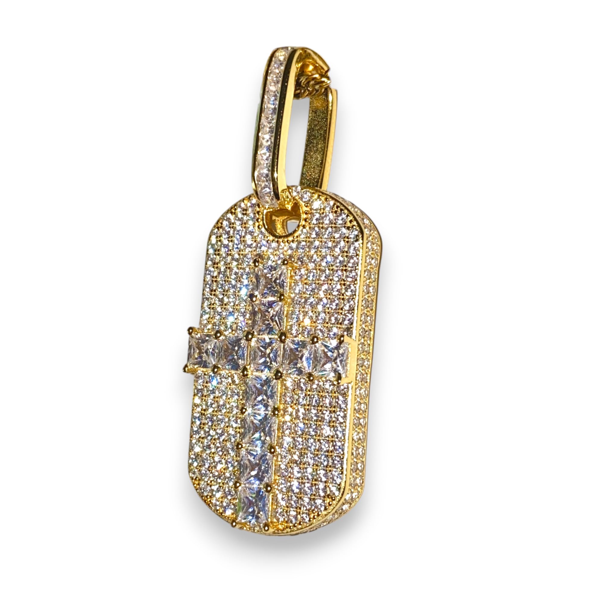925 Sterling Silver Iced Out Baguette Cross Dog Tag Pendant with 2mm Stainless Steel Rope Chain Necklace (16