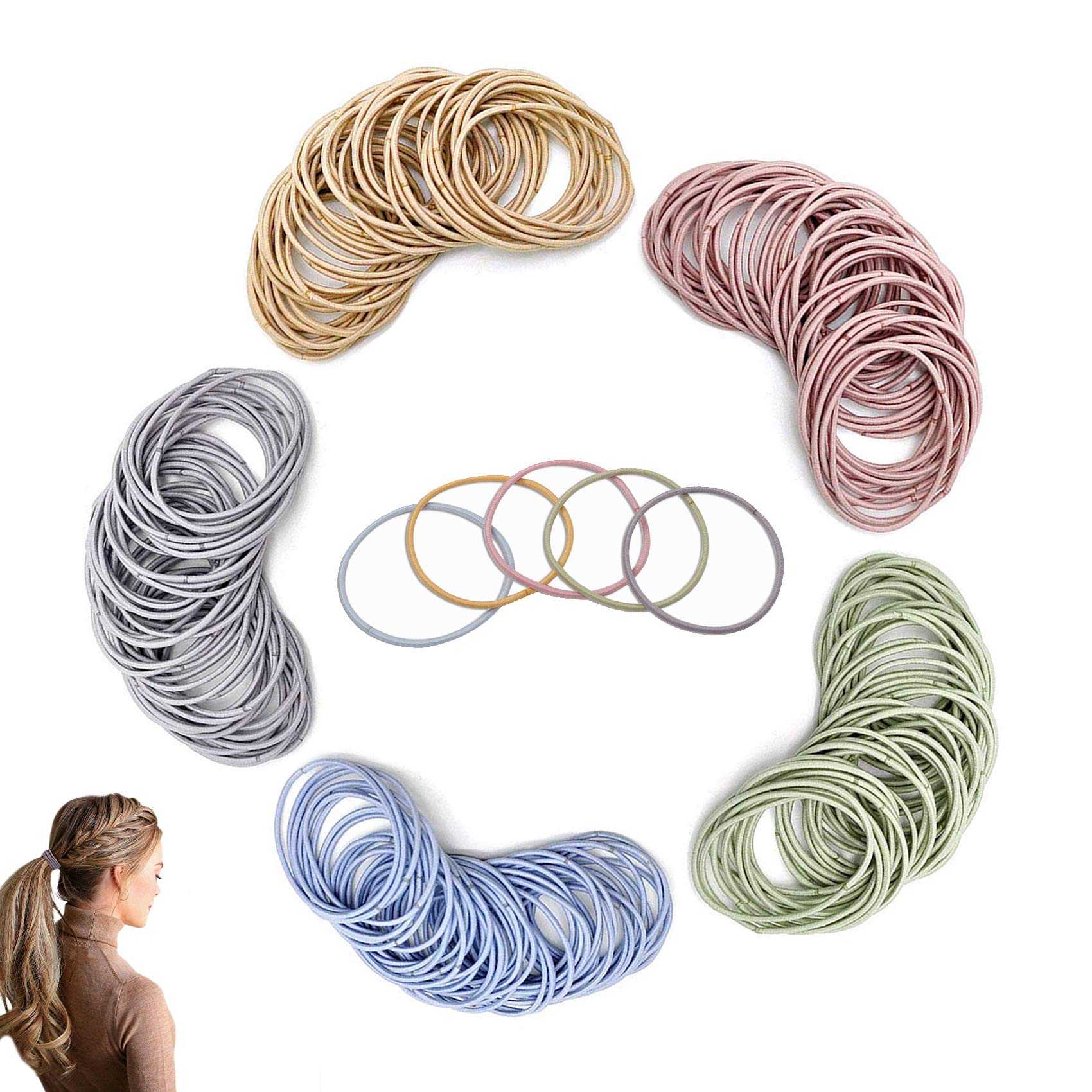 100pcs 2mm Elastic Hair Bands - No Metal Ponytail Holders, 5cm Diameter Soft Hair Ties for Women, Men & Girls (Multicolor) - Perfect for School, Work, Gym & Everyday Hairstyles