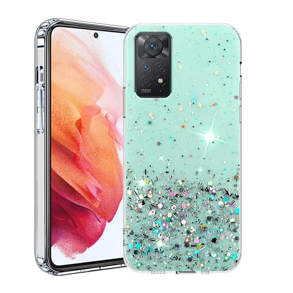 Shockproof Glitter Clear Sparkly Phone Case for Xiaomi Redmi Note 11 Pro - Cute Slim Bling Protective Silicone Case for Women (Green) | Perfect for Everyday Use, Parties & Gift Giving
