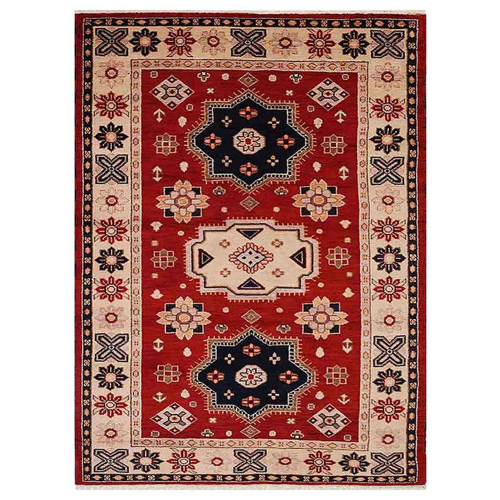 Handmade Wool & Silk Oriental Area Rug 5'x8' - Eco-Friendly Traditional Red & Cream Rectangle Rug for Living Room, Bedroom, Dining Room (AF0104)
