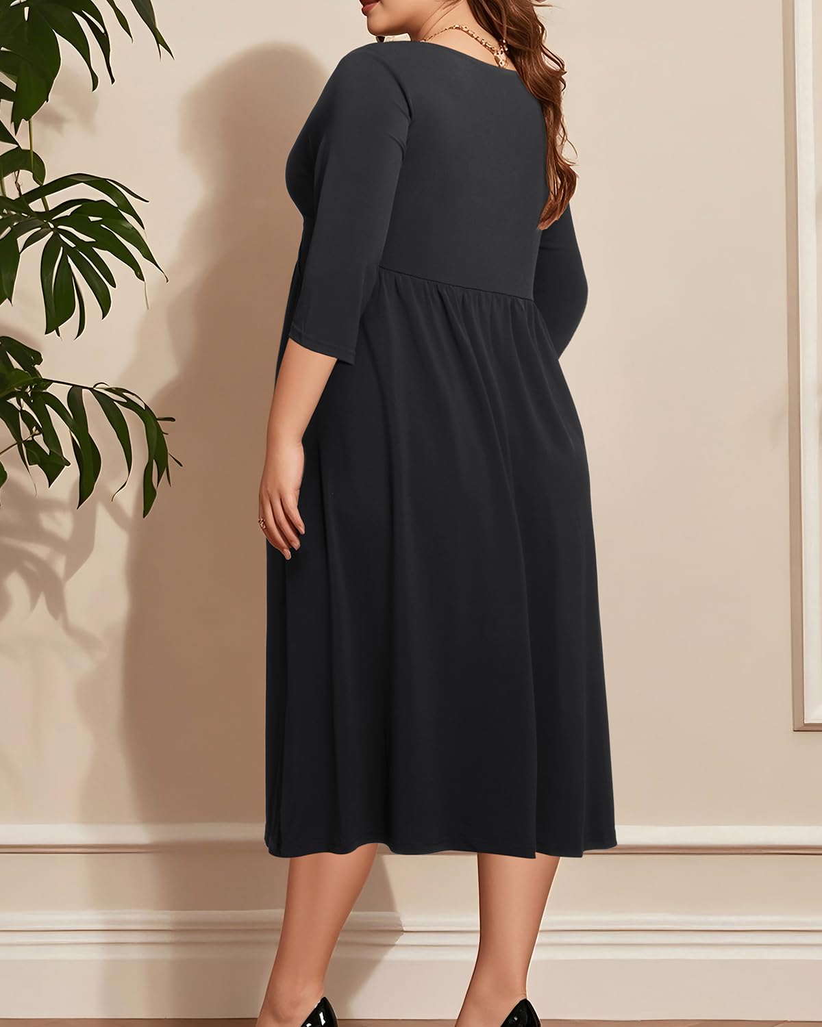 Plus Size Women's Twist Knot V-Neck 3/4 Sleeve A-Line Midi Dress for Wedding Guest, Party & Special Occasions - Flattering Formal Attire for Curvy Figures
