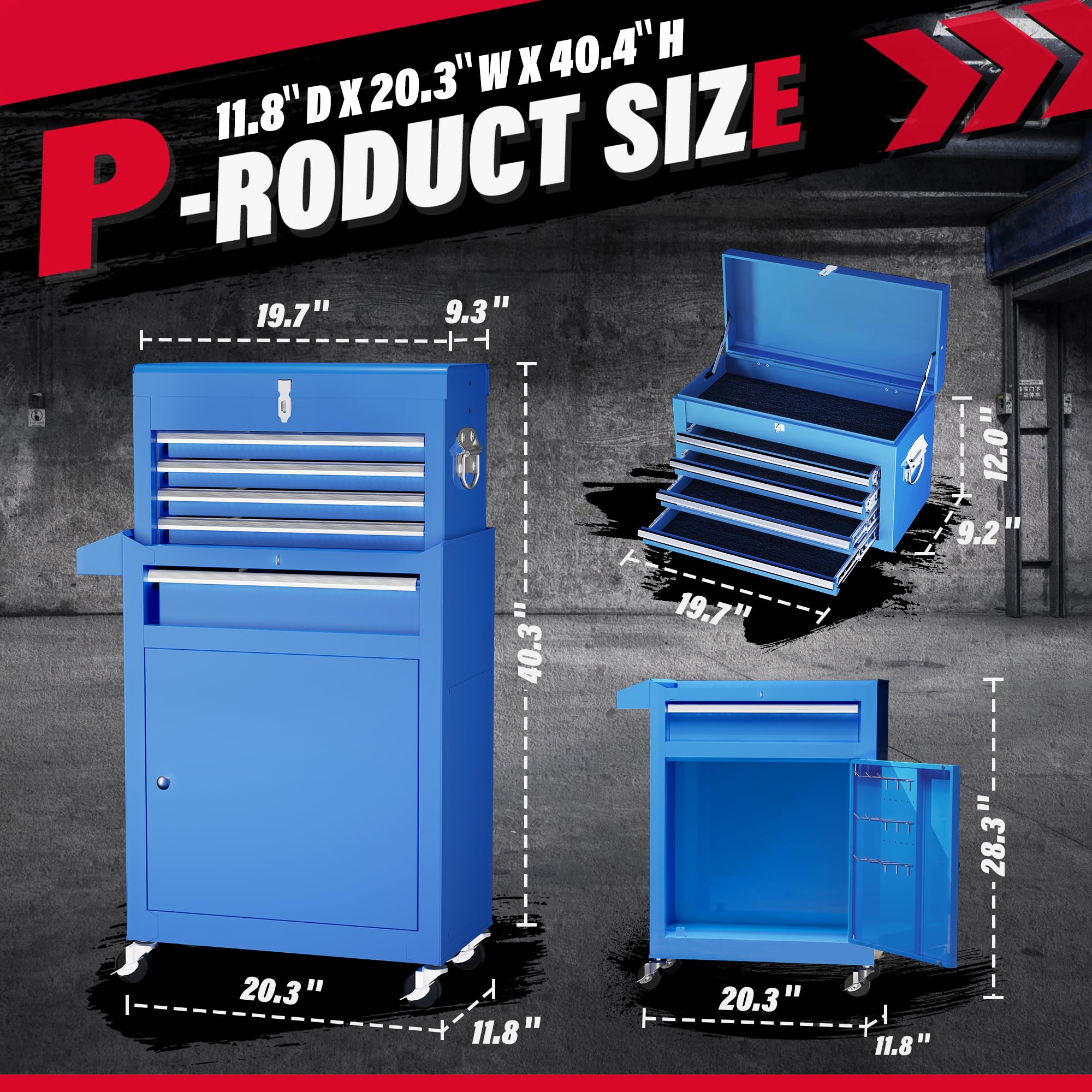 Greenvelly 5-Drawer Rolling Metal Tool Chest with Wheels, 2-in-1 Detachable Tool Cabinet, Locking System & Liners - Heavy Duty Garage Storage for Workshop, Warehouse, Barber Shop (Blue) - Perfect for Mechanics, DIY Enthusiasts & Professional Tradesmen