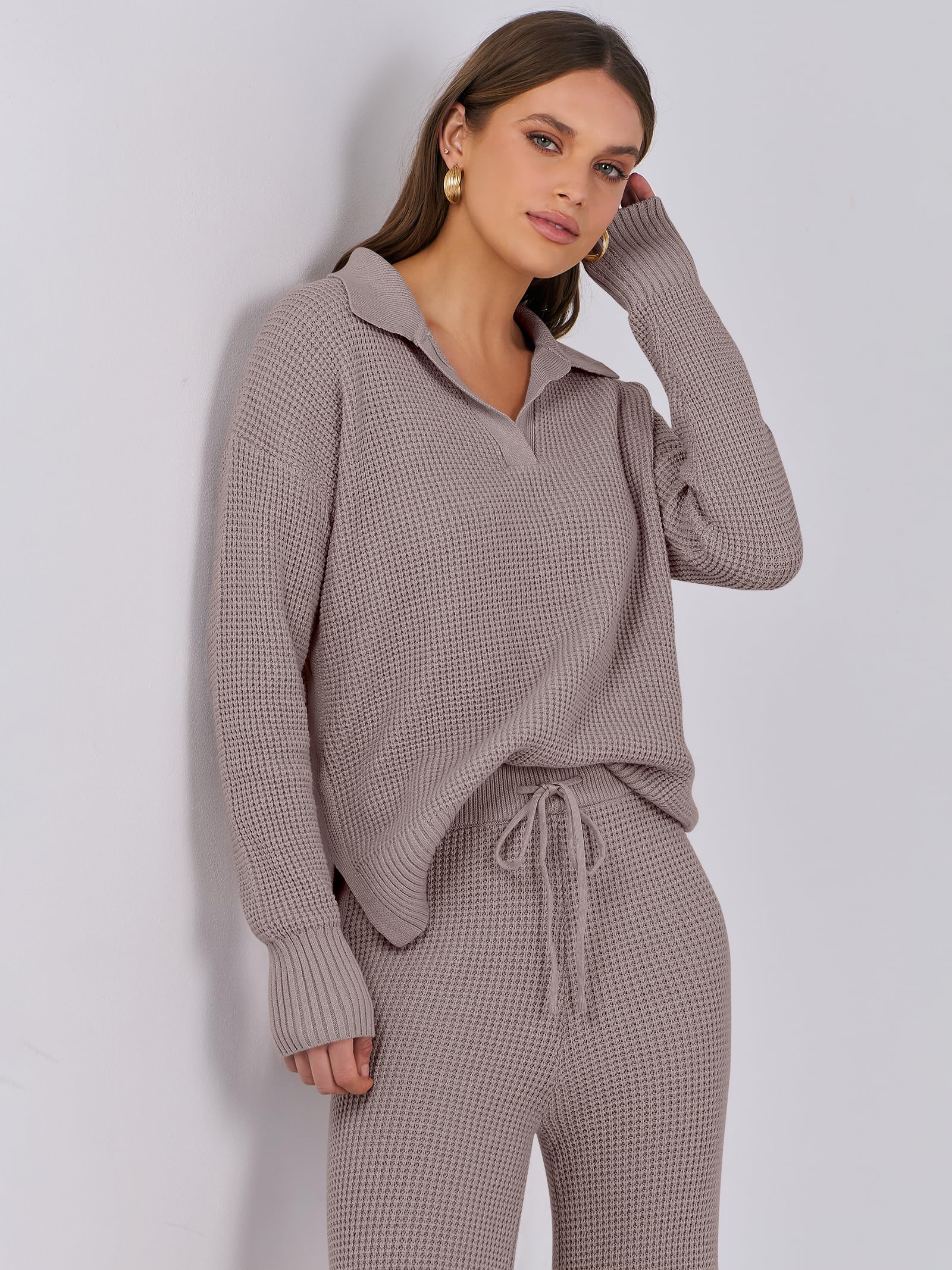 ANRABESS Women's Two Piece Outfits - Waffle Knit Sweater & Wide Leg Pants Lounge Set | Soft Matching Tracksuit for Casual Wear, Loungewear & Home Comfort