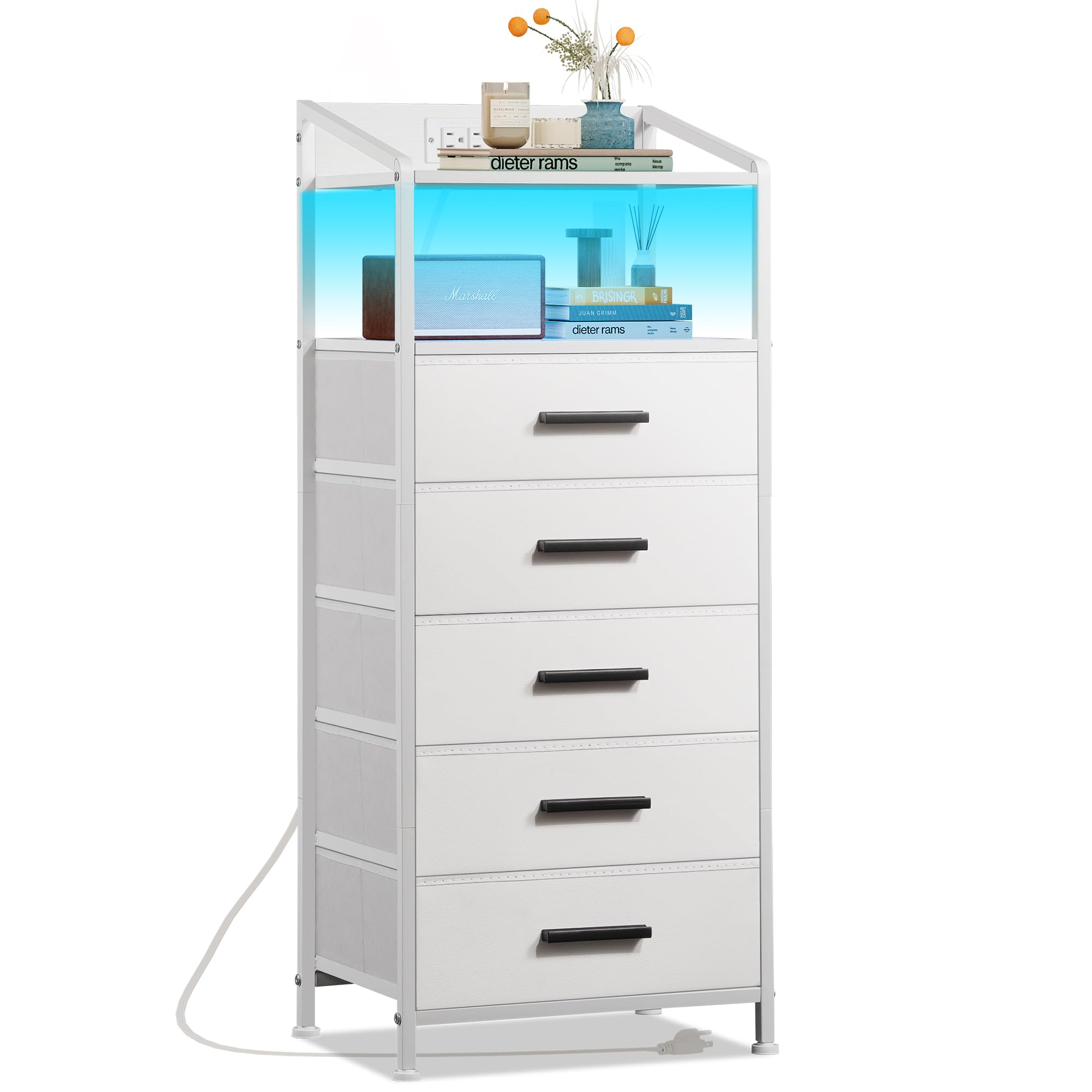 5-Drawer LED Nightstand with USB Charging Station & Fabric Drawers - White Vertical Dresser with Open Shelf for Bedroom, Hallway & Entryway - Perfect for Small Spaces & Modern Home Decor
