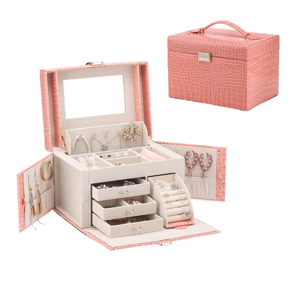 Luxury Double-Layer Leather Jewelry Box with Flocking Cloth & Wood Plate - Large Capacity Jewelry Organizer Storage Box (Pink Crocodile Pattern) - Perfect for Necklace, Ring, Earring Organization & Gift Giving