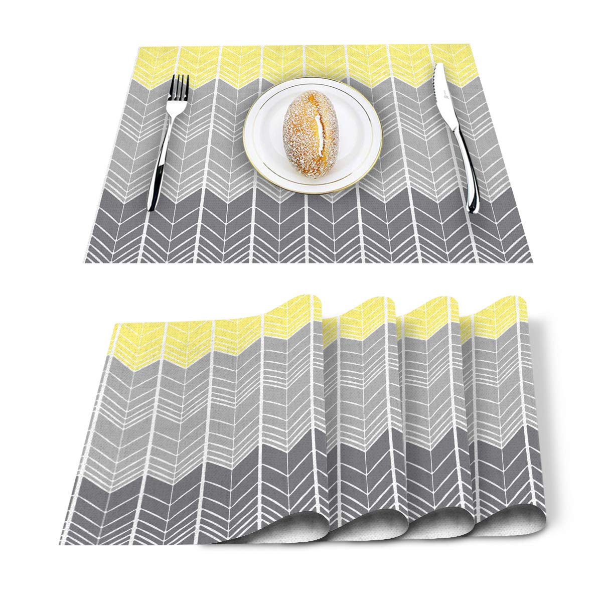 Stylish Geometric Chevron Yellow Ombre Grey Cotton Linen Placemats Set of 4 - Heat Resistant, Non-Slip & Washable Table Mats for Dining Table, Holiday Banquet, Kitchen Decor & Everyday Use