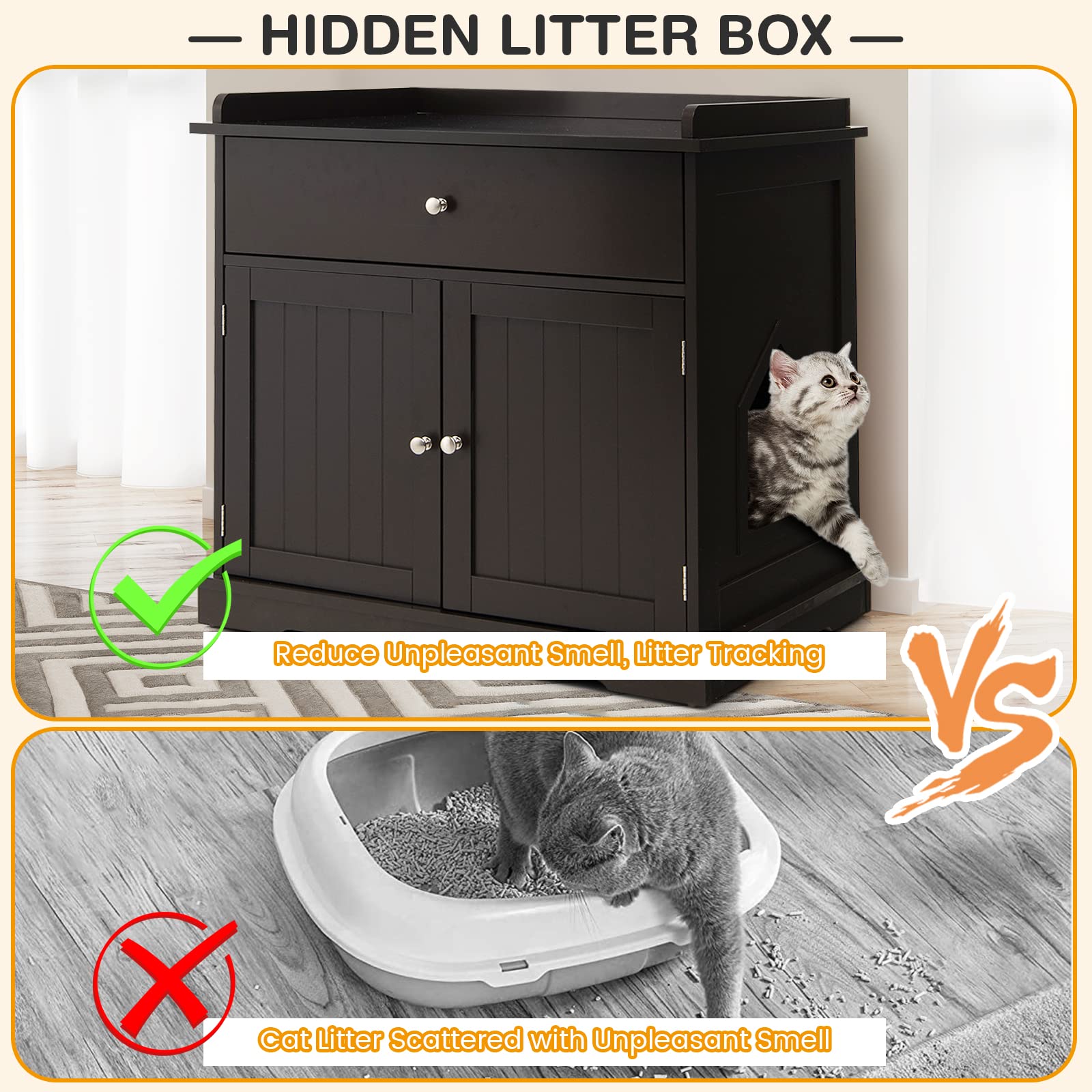 Tangkula Large Wooden Cat Litter Box Enclosure Cabinet with 2 Doors & Storage Drawer - Hidden Indoor Cat Washroom Furniture, Pet House Bench Side Table (Brown) | Perfect for Small Spaces & Stylish Home Decor