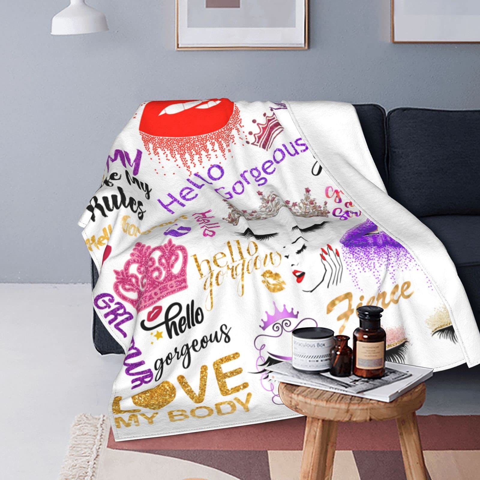 Hello Gorgeous Flannel Blankets - Ultra Soft Plush Throw Blankets for Women & Men | Motivational Eyelash Design | Reversible Warm Blanket for Bedroom, Couch, Office & Outdoor Use | Perfect Gift Idea