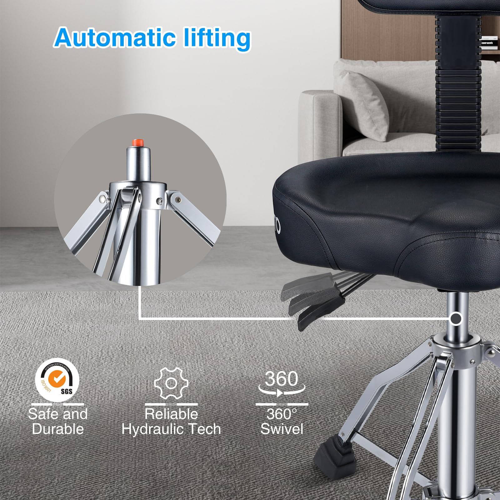 LEKATO Heavy Duty Hydraulic Drum Throne with Adjustable Height & Backrest - Motorcycle Style Drum Stool for Adult Drummers - Perfect for Drum Practice, Studio Sessions & Live Performances