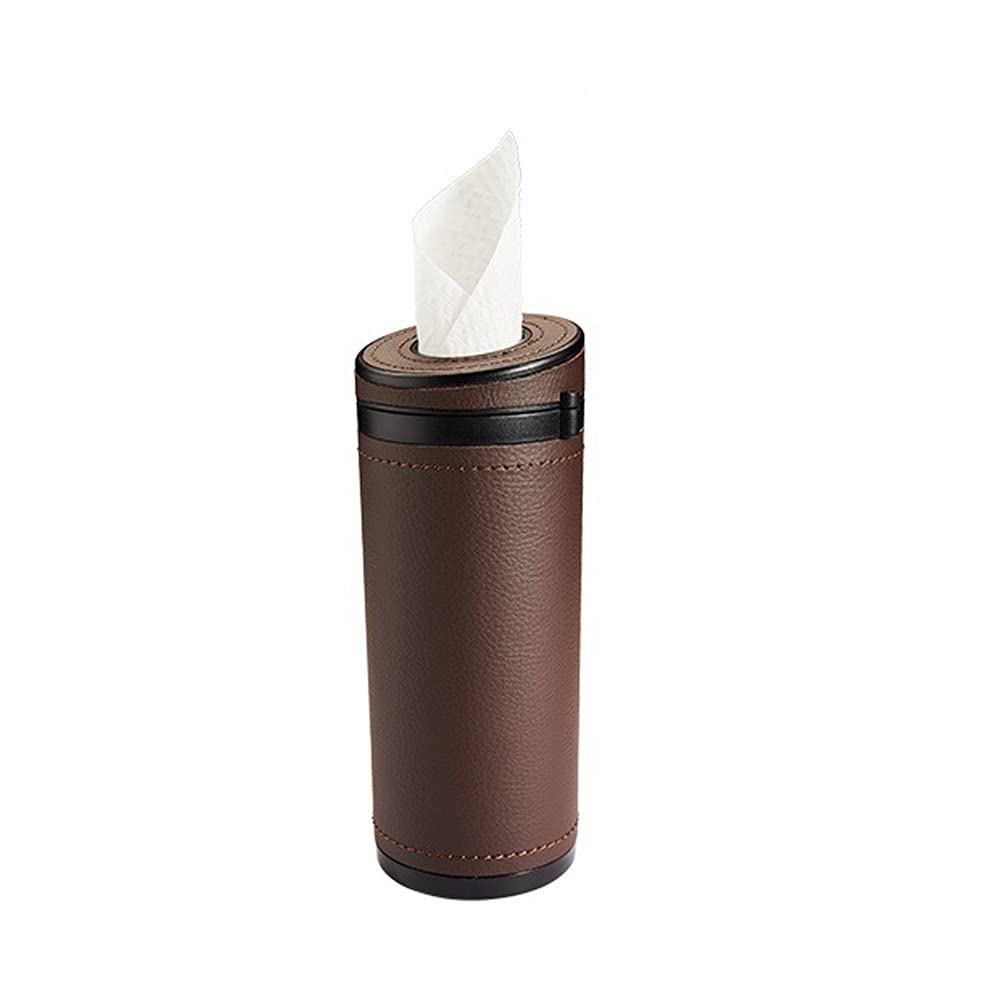 PU Leather Cylinder Tissue Box Holder - Portable Napkin Dispenser for Car Cup Holder, Office & Home - Brown Facial Tissue Tube Case | Perfect for Cars, Desks & Travel