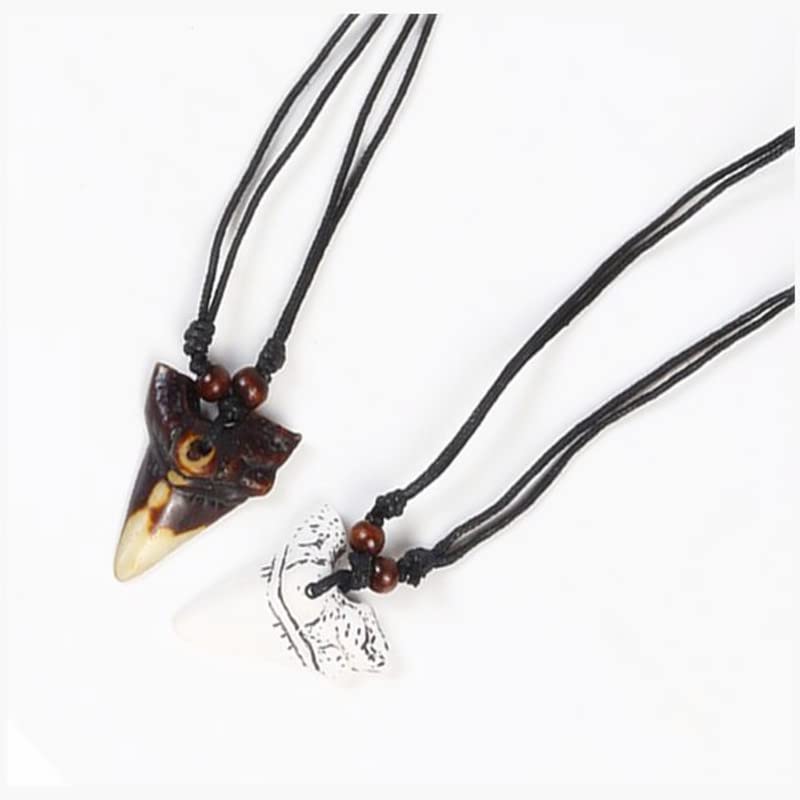 2Pcs Artificial Bone Carving Shark Tooth Pendant Necklace Set - Adjustable Leather Cord for Men, Surfer Jewelry - Perfect for Beach Parties, Summer Fashion & Prehistoric Style Accessories