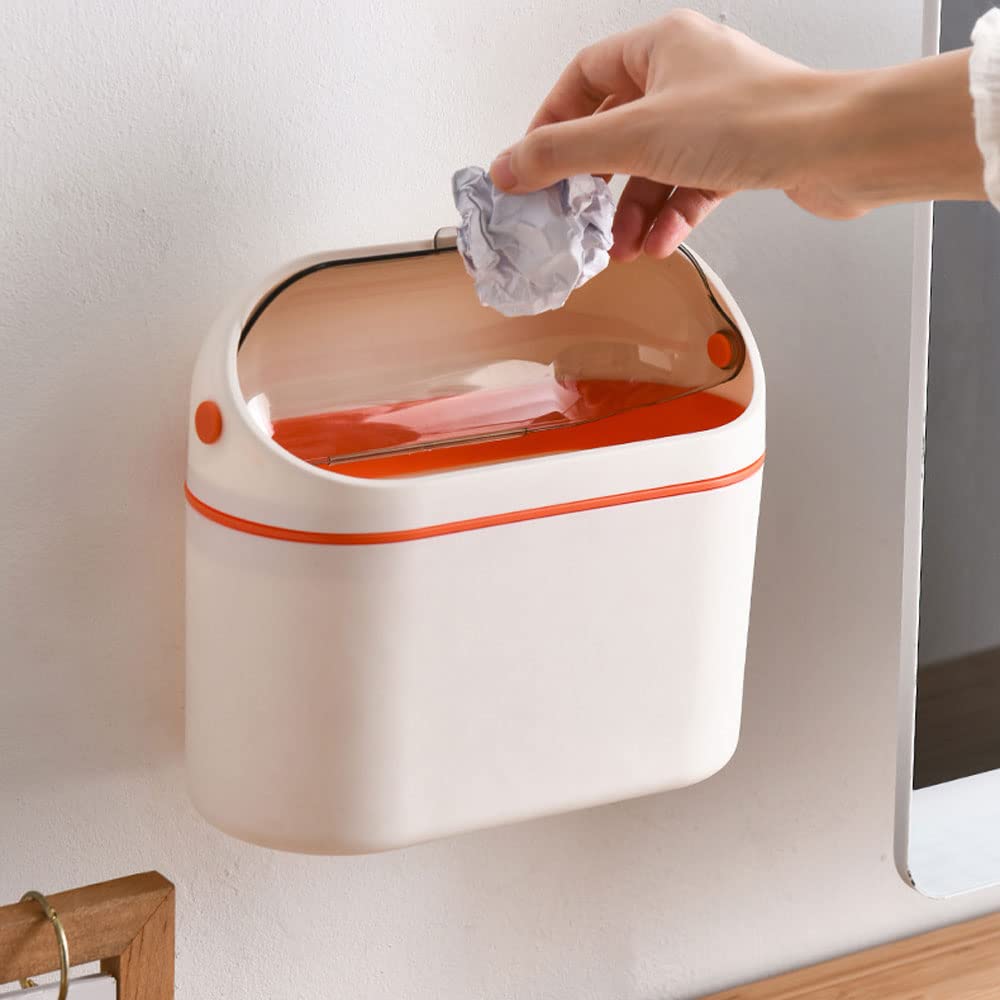Wall Mounted Trash Can with Lid - Compact Countertop Hanging Garbage Bin for Kitchen Cabinet, Bathroom, Bedroom, Office & Living Room - Space-Saving Orange Trash Can - Perfect for Small Spaces & Home Organization
