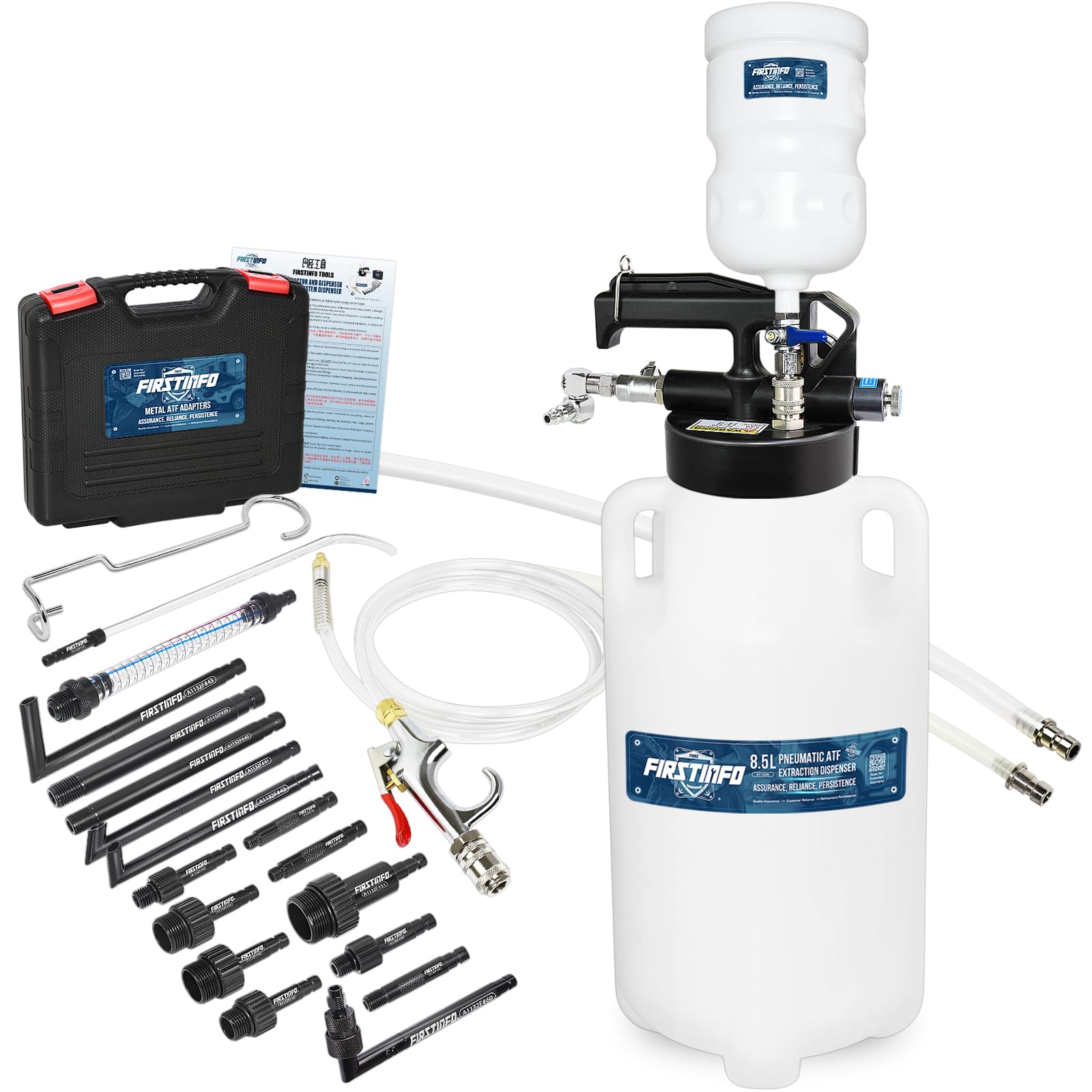 FIRSTINFO Patented 8.5 Liter 17 Pcs ATF Filler Adapter Kit | Pneumatic Transmission Fluid Dispenser Pump with Refilling Funnel | Perfect for Car Maintenance, Auto Repair Shops & DIY Transmission Fluid Change