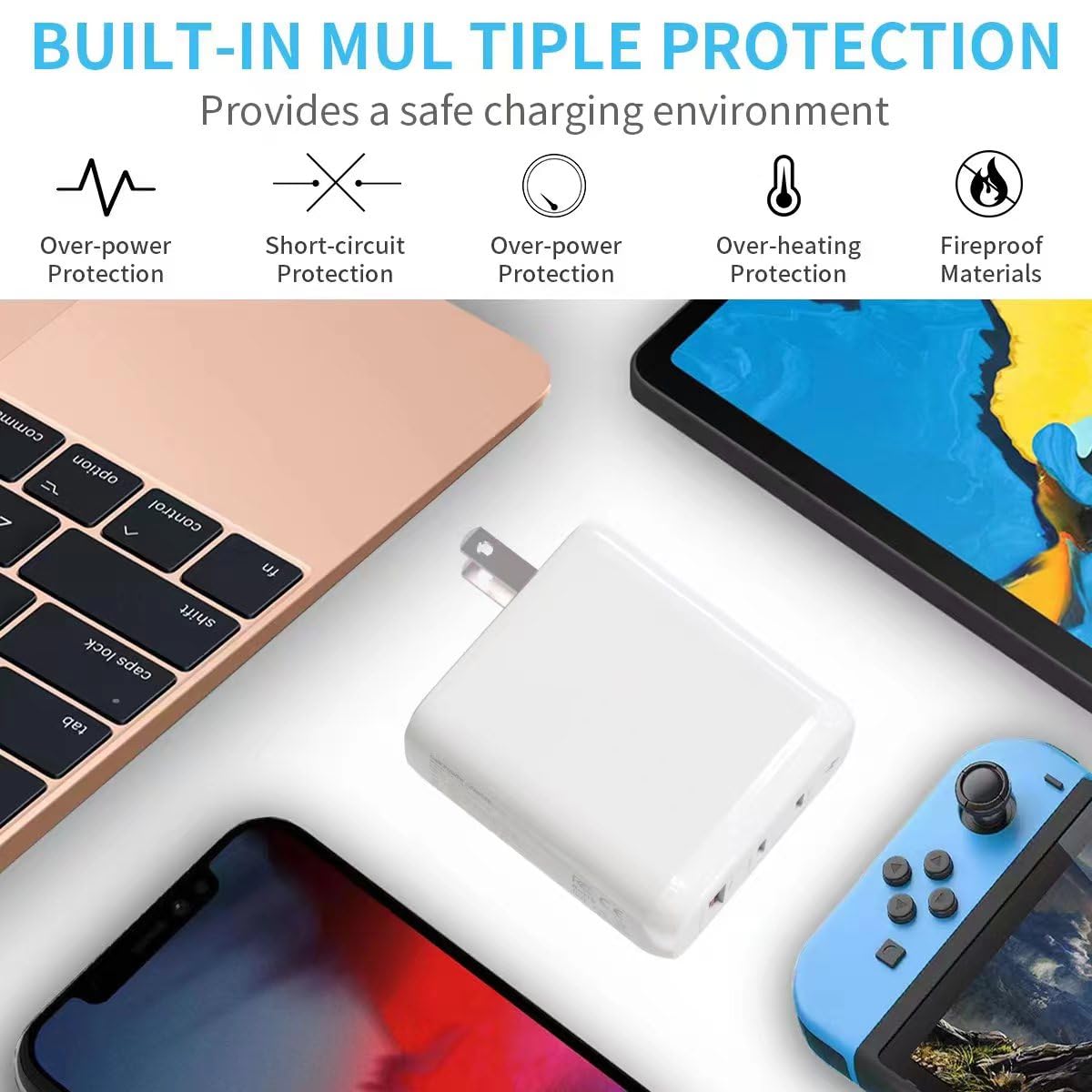 65W GaN USB C Fast Charger with PD 3.0 - Dual Port Laptop Charger (2 USB-C + 1 USB-A) - Compatible with MacBook Pro/Air M1/M2/M3/M4, iPad Pro/Air, iPhone 15 & USB-C Devices - Perfect for Travel, Office & Home Charging Multiple Devices Simultaneously