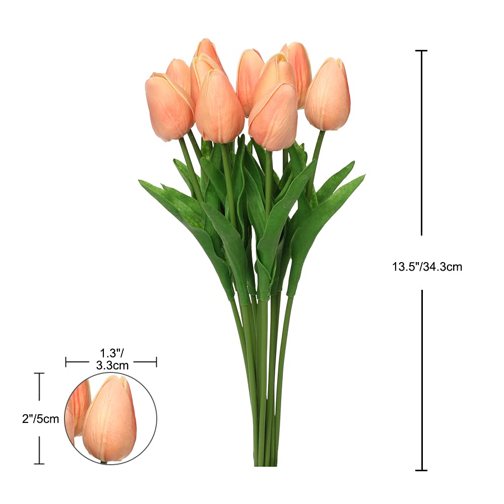 20 Pcs Peach Artificial Tulips - Real Touch Faux Flowers for Vase, Home Decor, Wedding Bouquets & Mother's Day Gifts - 13.5