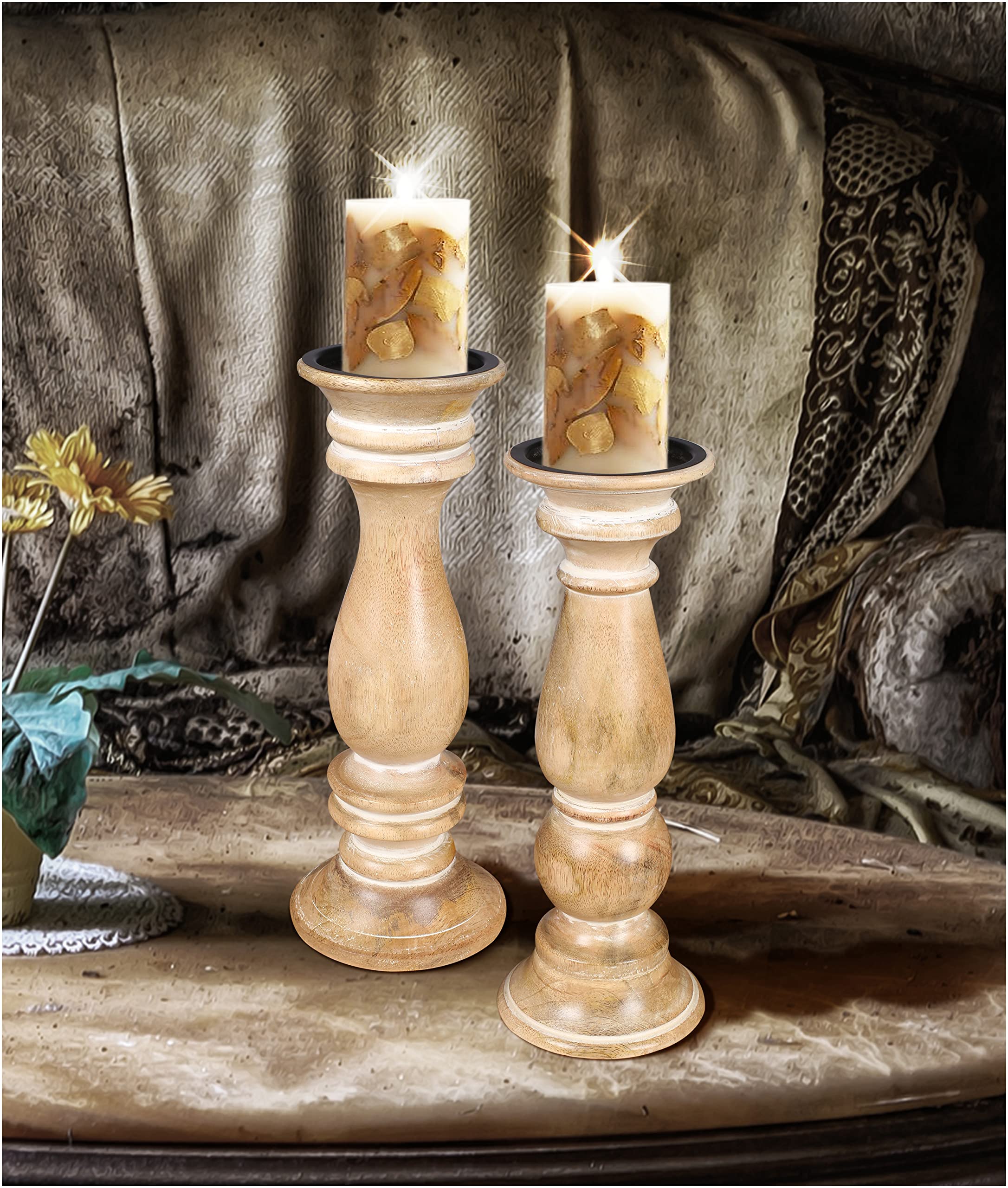 Rustic Whitewashed Wooden Pillar Candle Holder Set of 2 - 12x4.5 Inch Farmhouse Decor for Dining Table, Wedding Centerpiece, and Cozy Home Ambiance