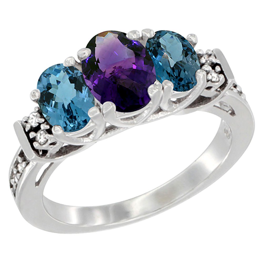 14K White Gold Natural Amethyst & London Blue Topaz Ring with 3-Stone Oval Diamond Accent - Sizes 5-10 | Elegant Wedding, Engagement & Anniversary Jewelry Gift for Women