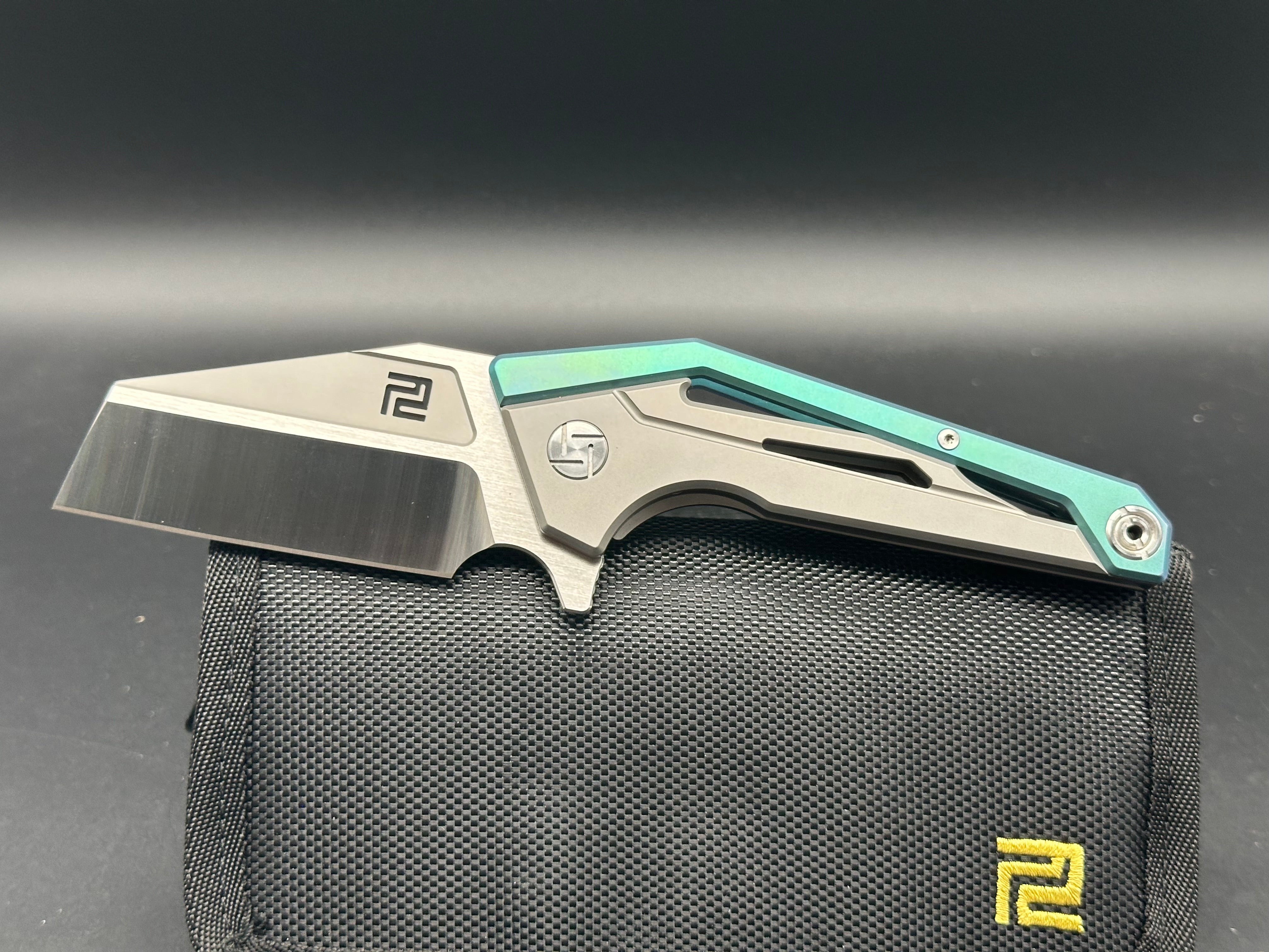 Artisan Cutlery Ravine S35VN Folding Knife - Wharncliffe Blade, Green/Gray Titanium Handles - EDC Pocket Knife for Camping, Hiking & Outdoor Adventures