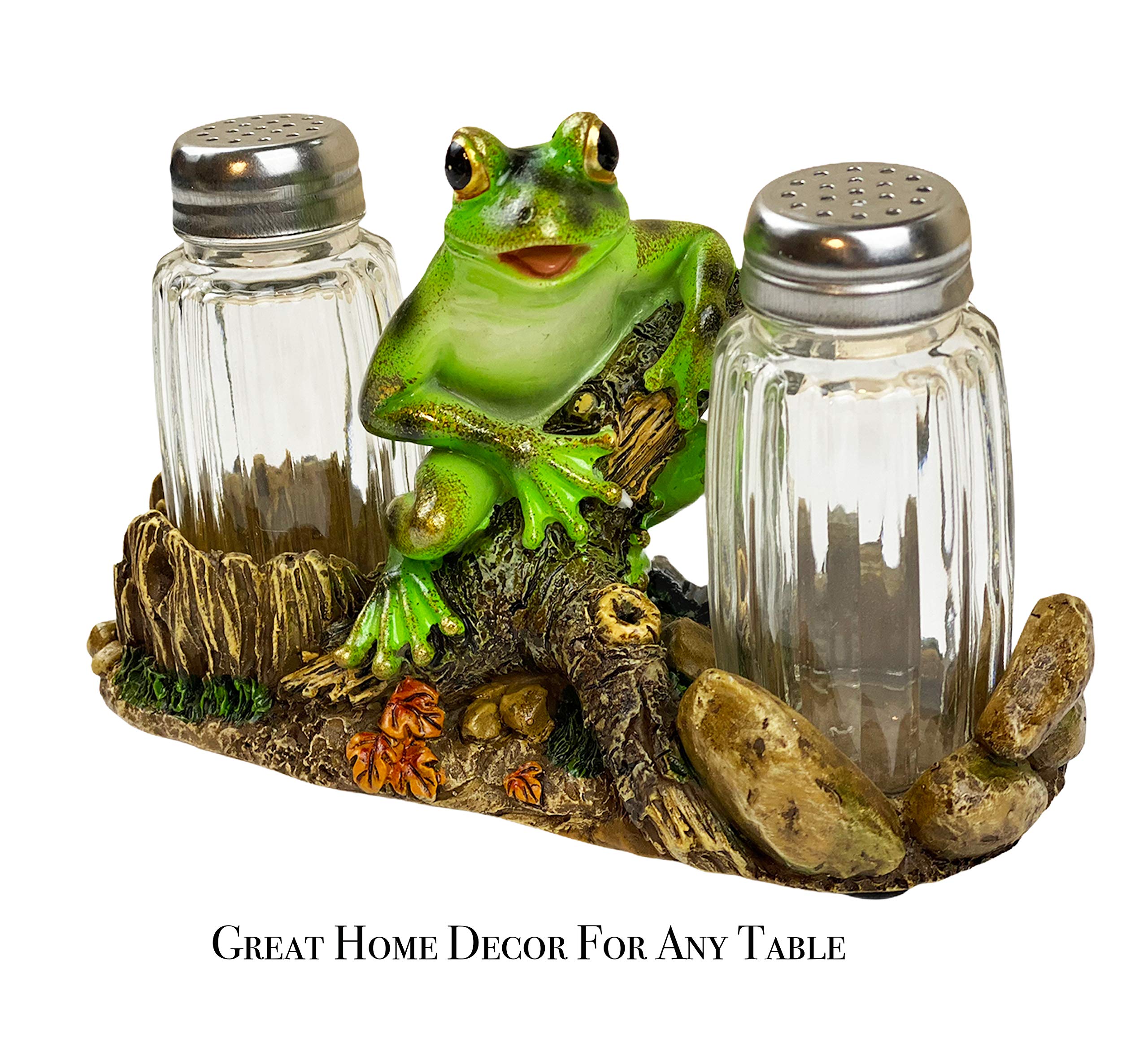 Ceramic Frog Salt and Pepper Shaker Set - Farmhouse Kitchen Decor with Glass Caddy - Cute Frog Gifts for Friends & Family - Perfect for Dinner Table, Countertop Decor, and Housewarming Parties