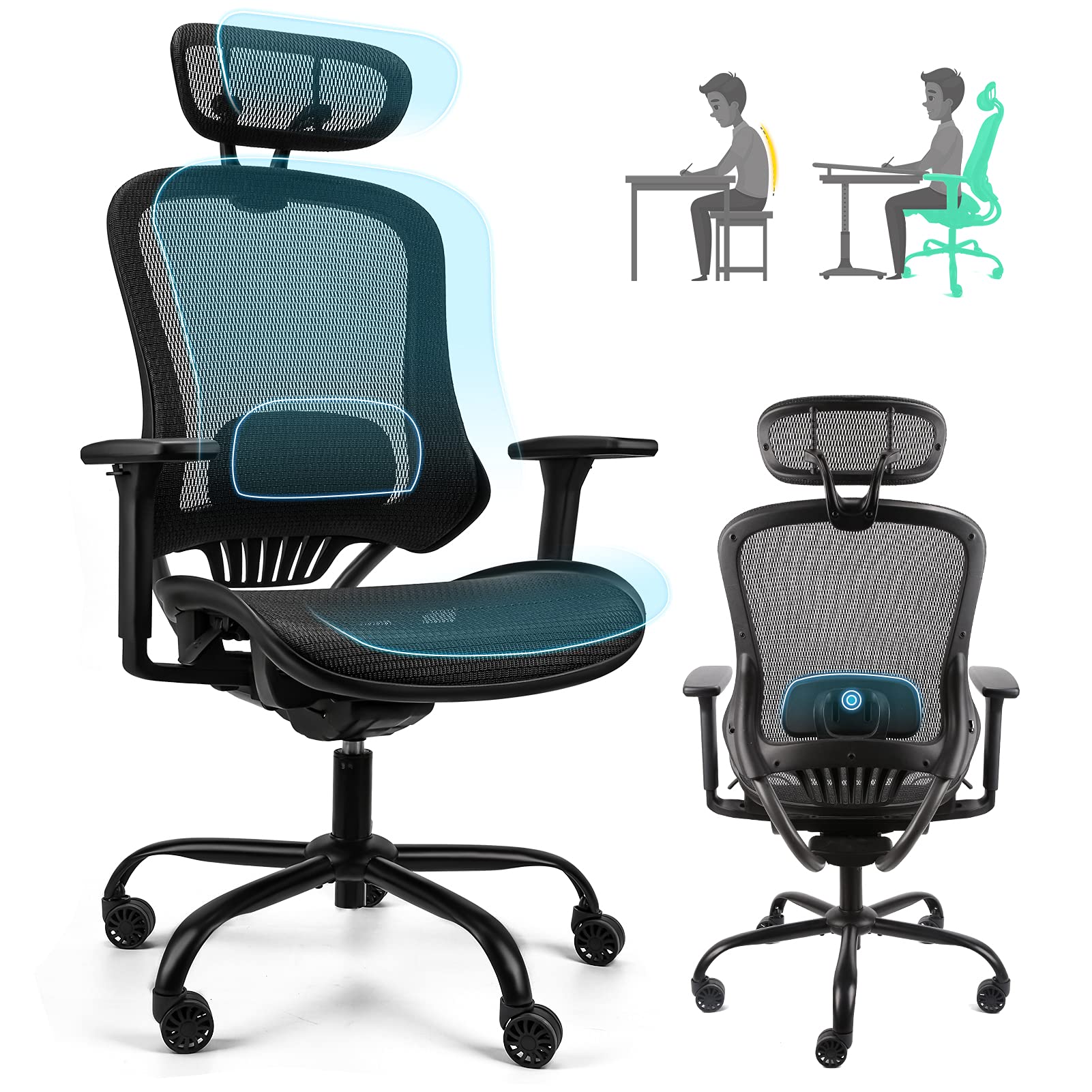 Ergousit Ergonomic Office Chair - Adjustable Mesh Computer Desk Chair with High Back, Lumbar Support & 3D Armrests - Executive Swivel Chair for Home & Office Workspace (Black) - Perfect for Long Hours Sitting, Gaming & Remote Work