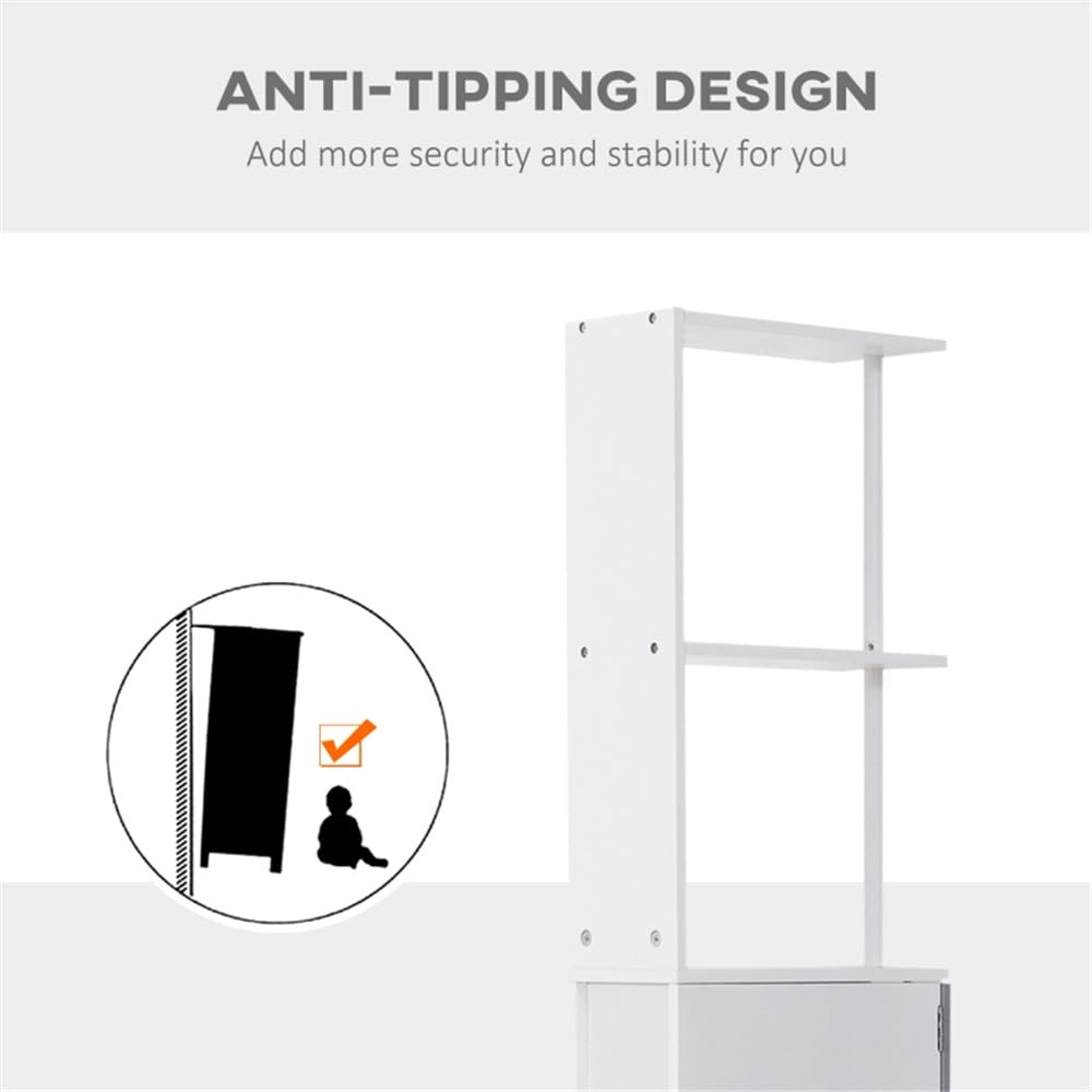 Tall Bathroom Storage Cabinet - Slim Freestanding Floor Cabinet with 2 Open Shelves, 1 Cabinet & 2 Drawers - Bathroom Organizer for Linen, Towels & Toiletries - Anti-Tipping Design - White - Perfect for Small Bathrooms, Apartments & Laundry Rooms