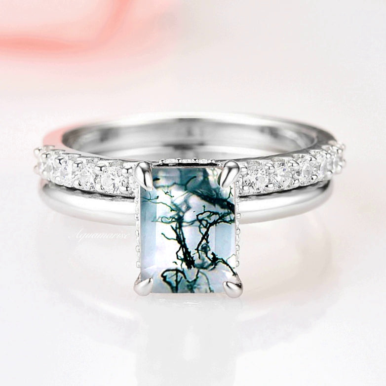 Hidden Halo Moss Agate Engagement Ring Set in Sterling Silver - Elegant Wedding Band & Promise Ring for Her, Perfect for Proposals, Anniversaries & Special Occasions