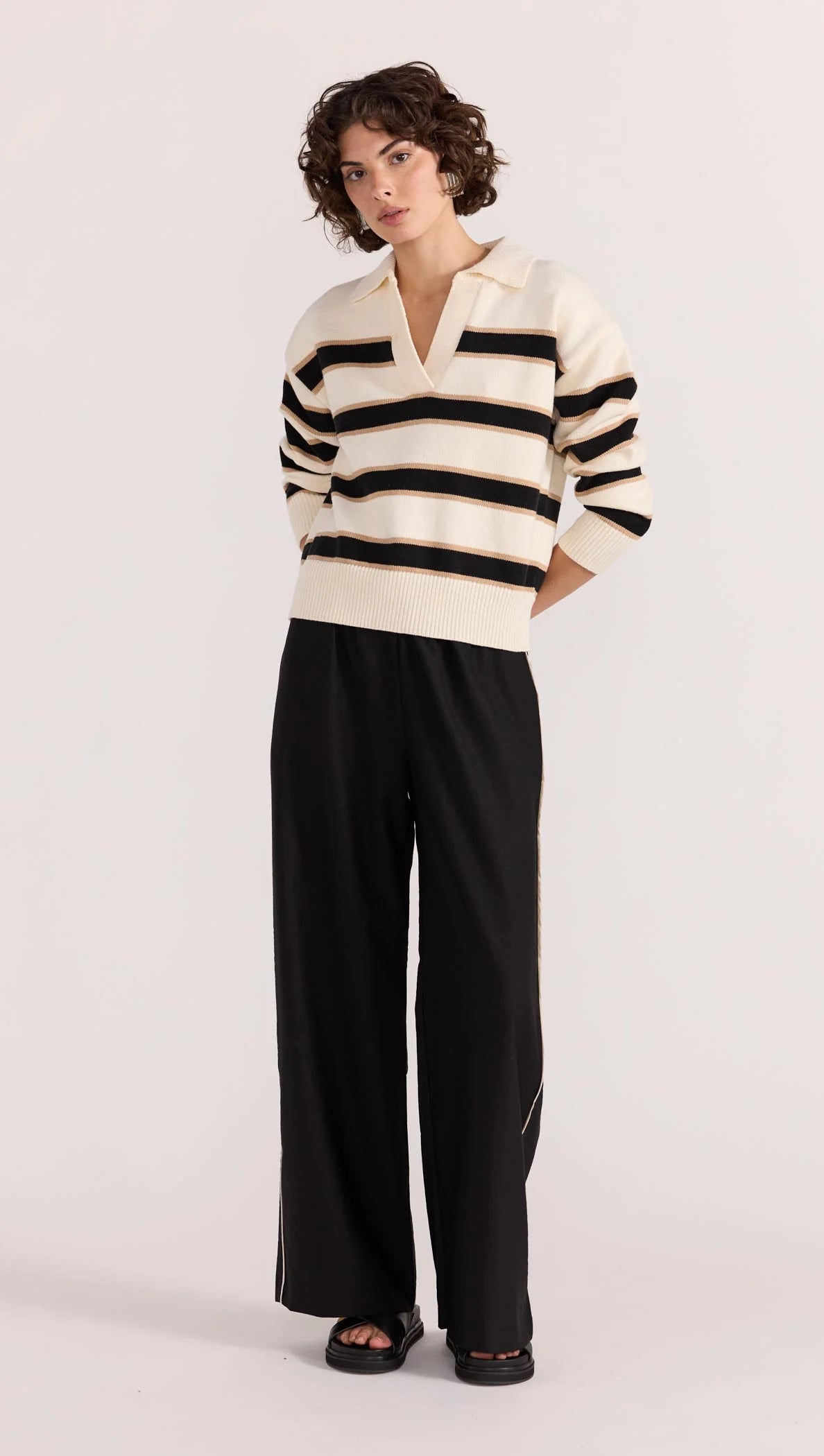 Hudson Cream Black Stripe Polo Sweater for Men - Classic Cotton Knit Pullover for Casual Wear & Office Outfits