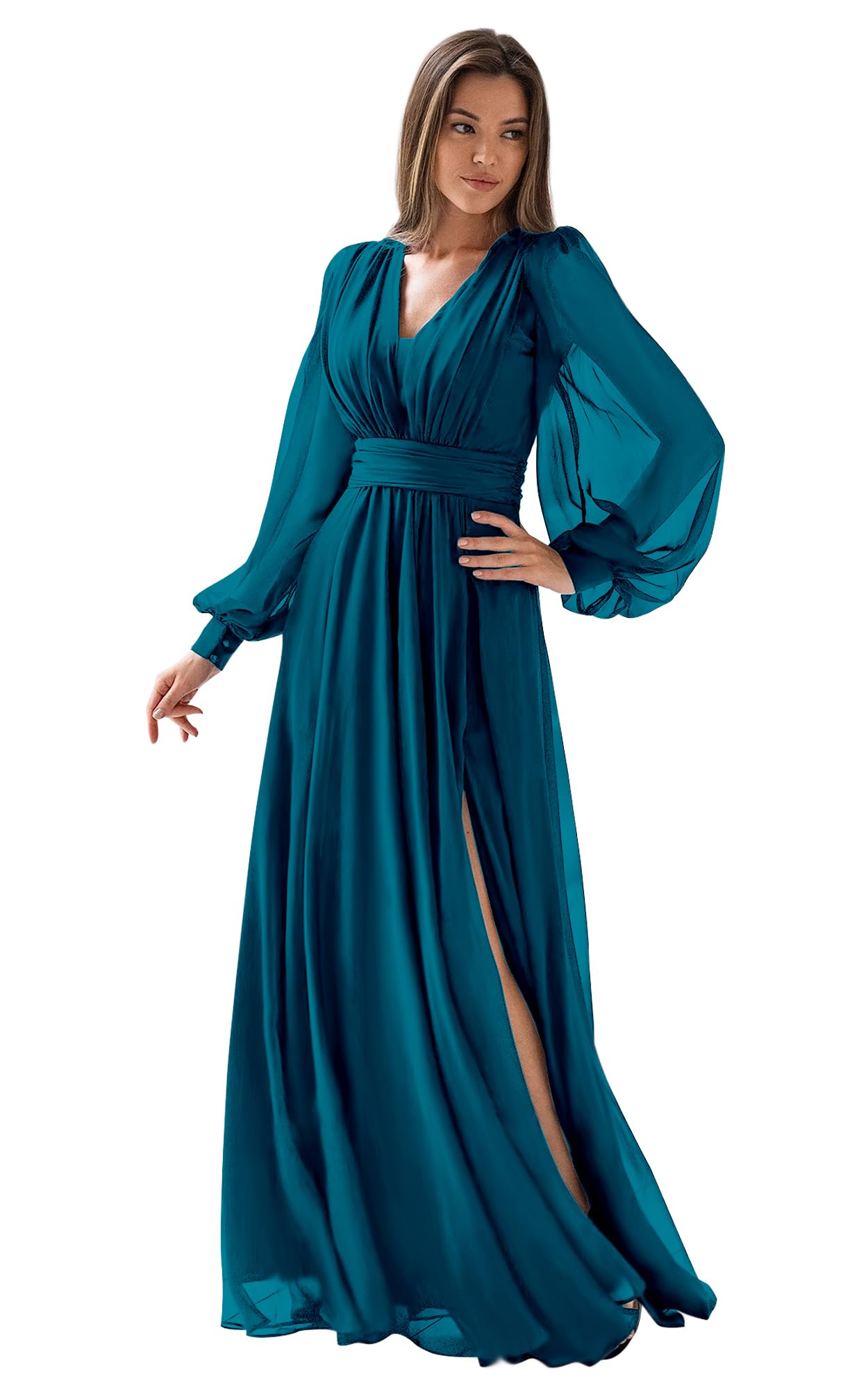 SOLODISH Women's Long Sleeve Chiffon Bridesmaid Dress - Elegant Formal Evening Gown with Thigh High Slit for Wedding, Prom, Cocktail Party & Special Occasions