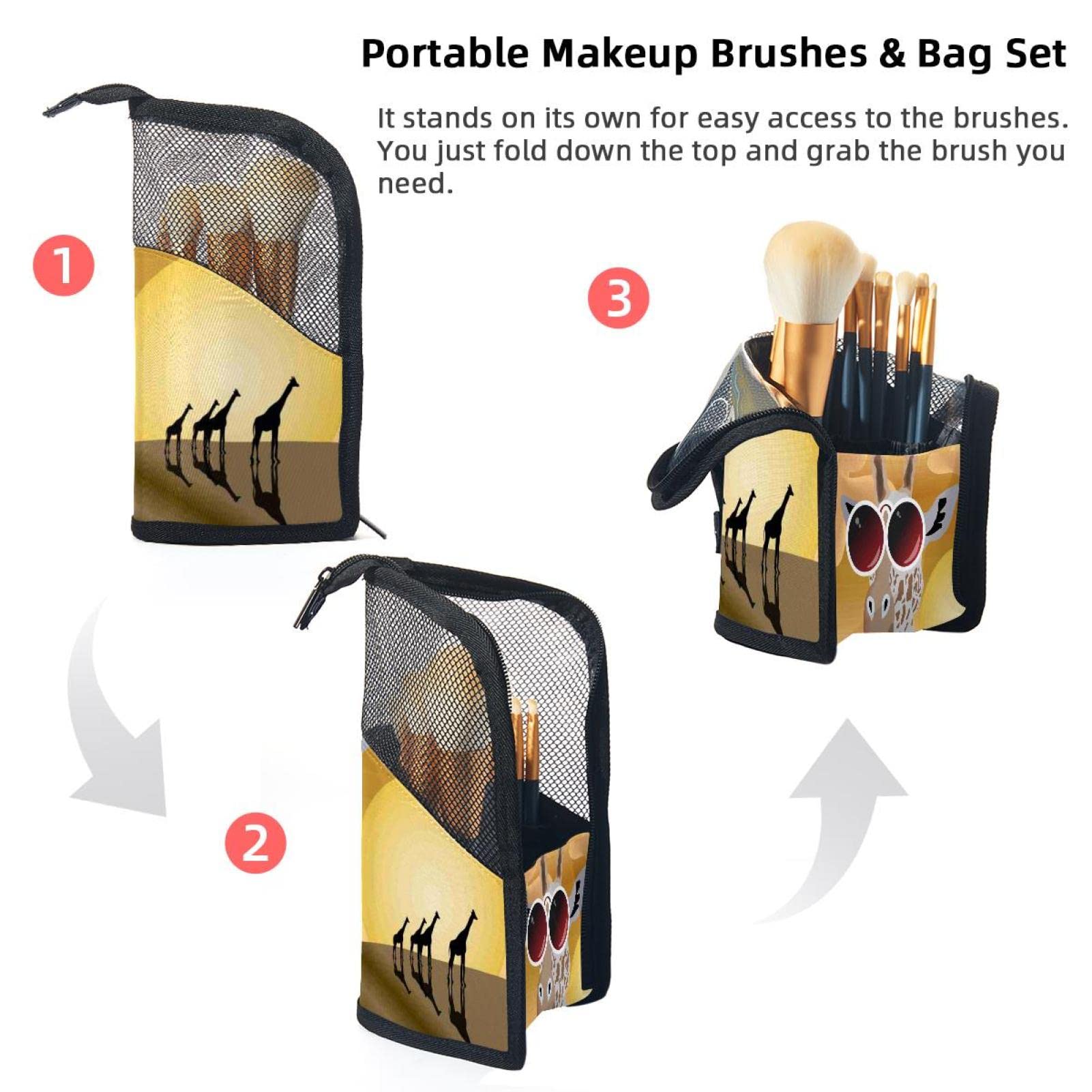 Premium Makeup Brush Organizer Bag with 12 Brushes & Desert Giraffe Glasses - Portable Cosmetic Brush Holder Case for Travel, Home, and Professional Makeup Artists