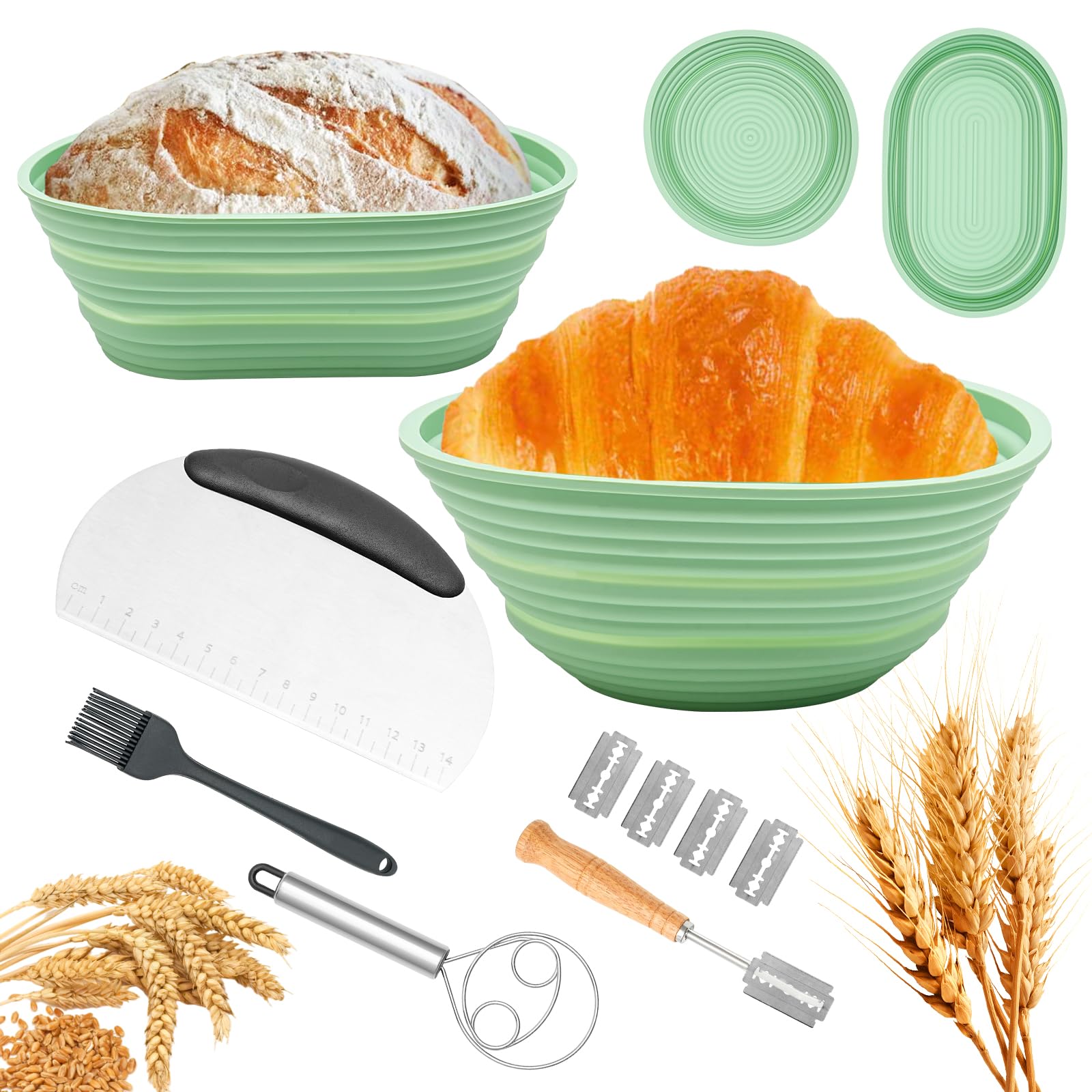 Premium Sourdough Bread Baking Kit - 2-Pack Silicone Banneton Proofing Baskets (9