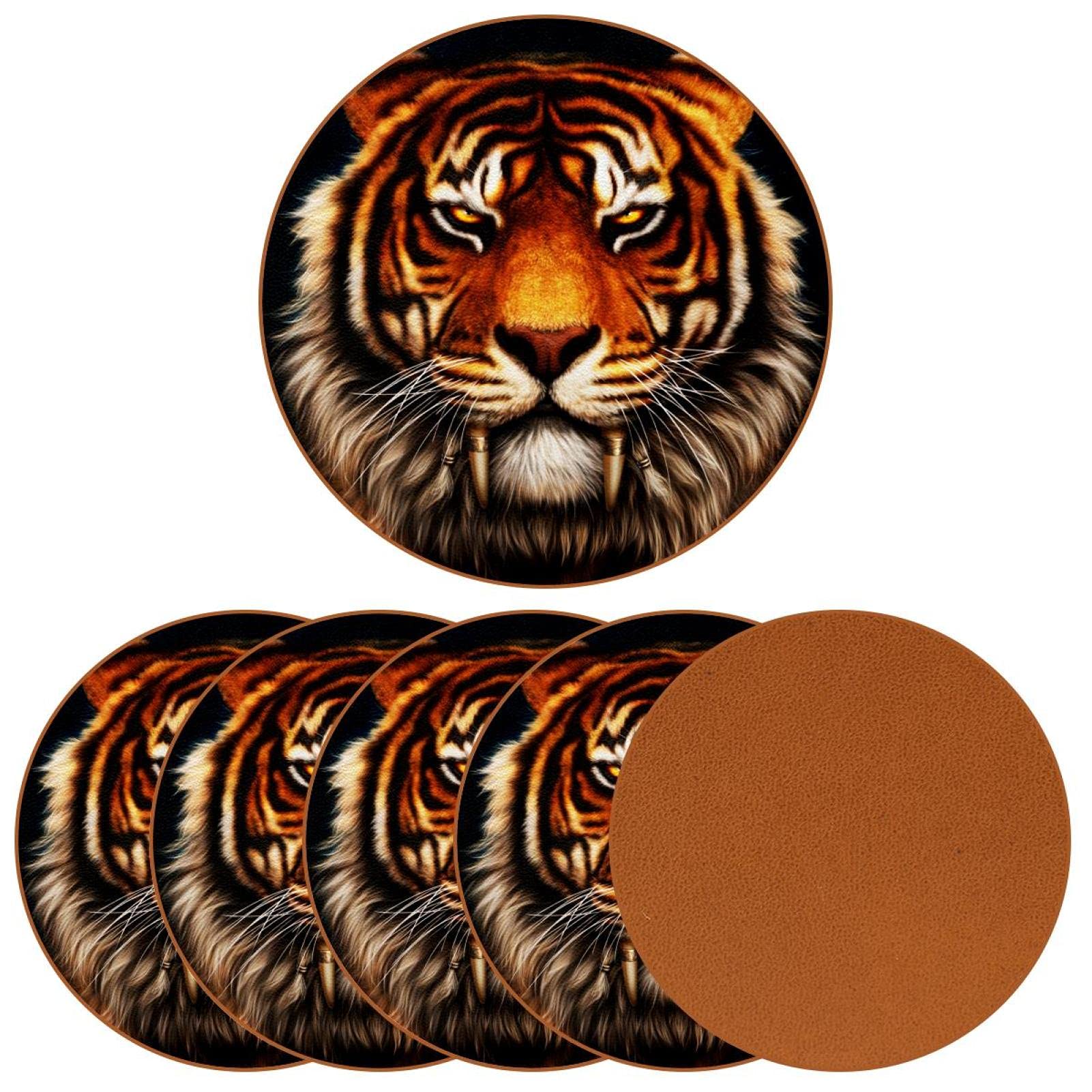 Premium 6-Piece Tiger Face Leather Coasters Set - Absorbent Drink Coasters for Coffee, Wine & Beer - Funny Housewarming Gift for Home, Kitchen & Office Decor - Perfect for Parties, BBQs & Everyday Use