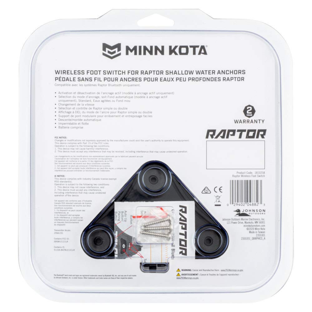 Minn Kota 1810258 Raptor Wireless Bluetooth Foot Pedal Controller for Trolling Motors - Black | Hands-Free Boat Control for Fishing & Trolling