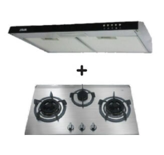 Ellane 60cm/90cm Slimline Hood with Black Panel EH 9160 + Ellane EB 338SV 76cm 3 Burner Gas Cooker - Modern Kitchen Ventilation System for Home Cooking & Baking