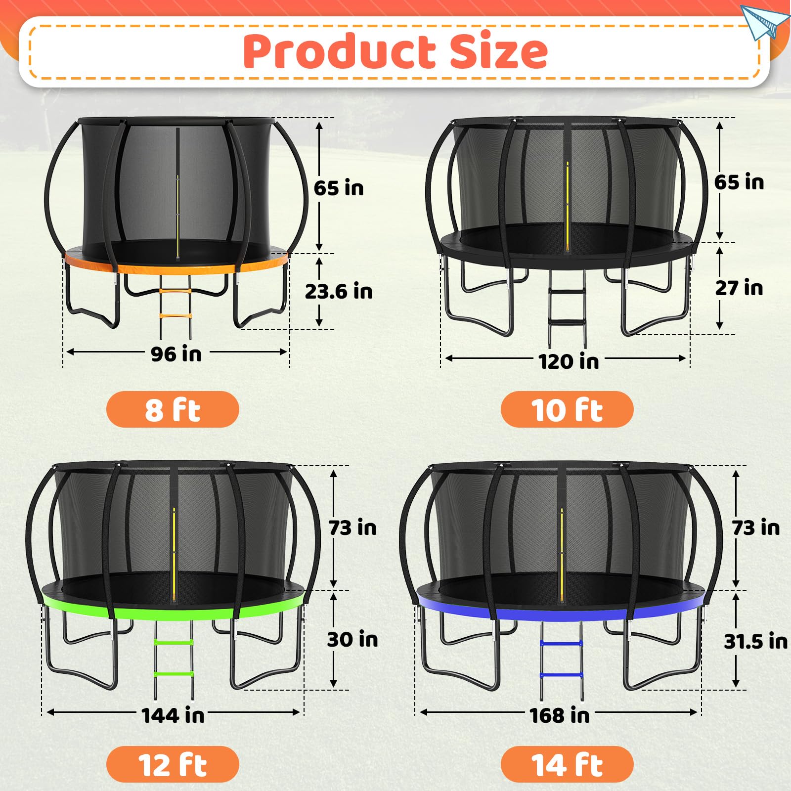 8FT 10FT 12FT 14FT 16FT Outdoor Trampoline for Kids & Adults - Pumpkin Shape with Safety Net, Ladder & Coated Metal Frame - ASTM Approved Large Backyard Trampoline for Family Fun, Birthday Parties & Outdoor Exercise