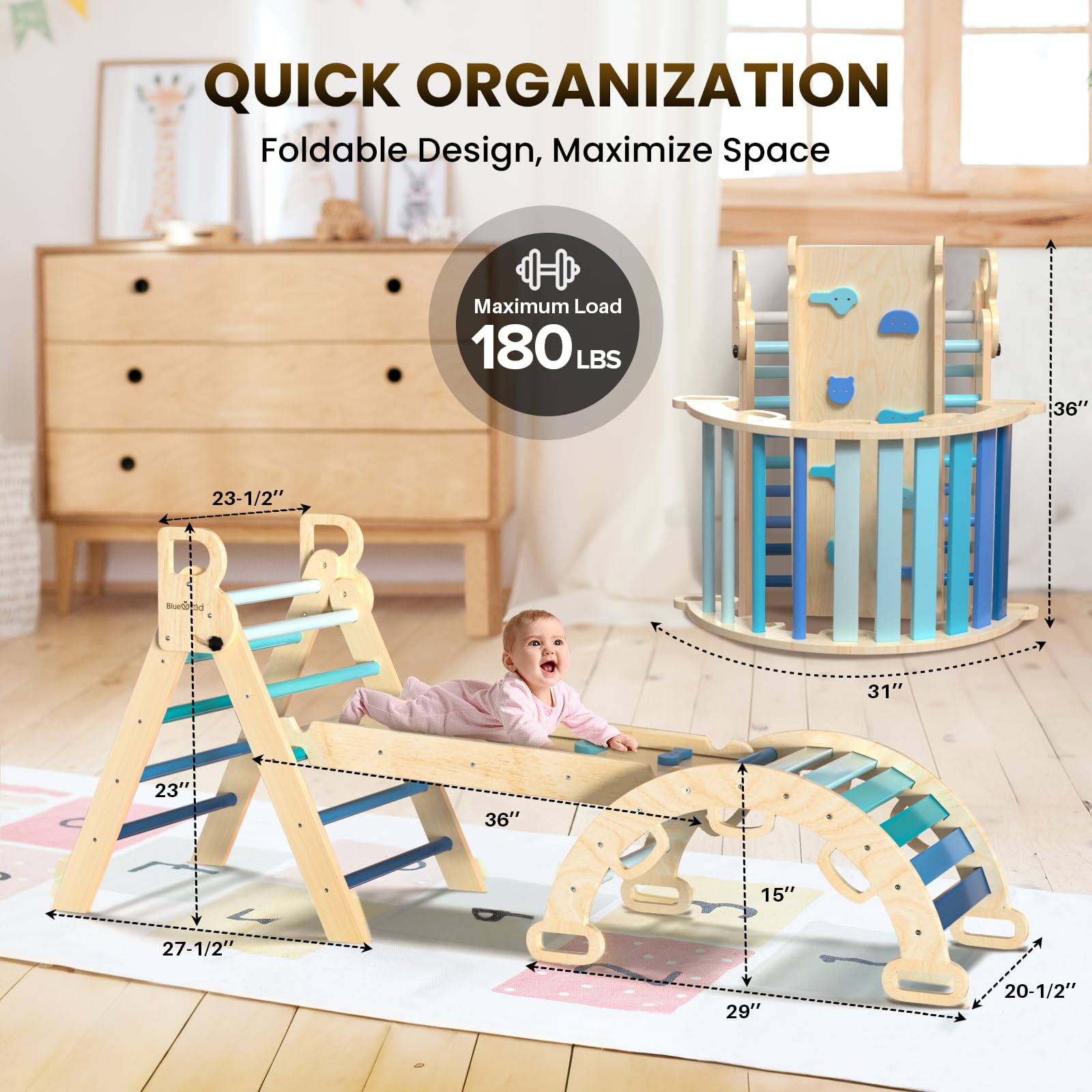 BlueWood Pikler Triangle Set 7-in-1 Foldable Baby Climbing Gym with Arch, Ramp & Ladder - Montessori Wooden Toys for Toddlers 1-3 Years - Indoor Play Equipment for Home, Nursery & Daycare - Sky Blue