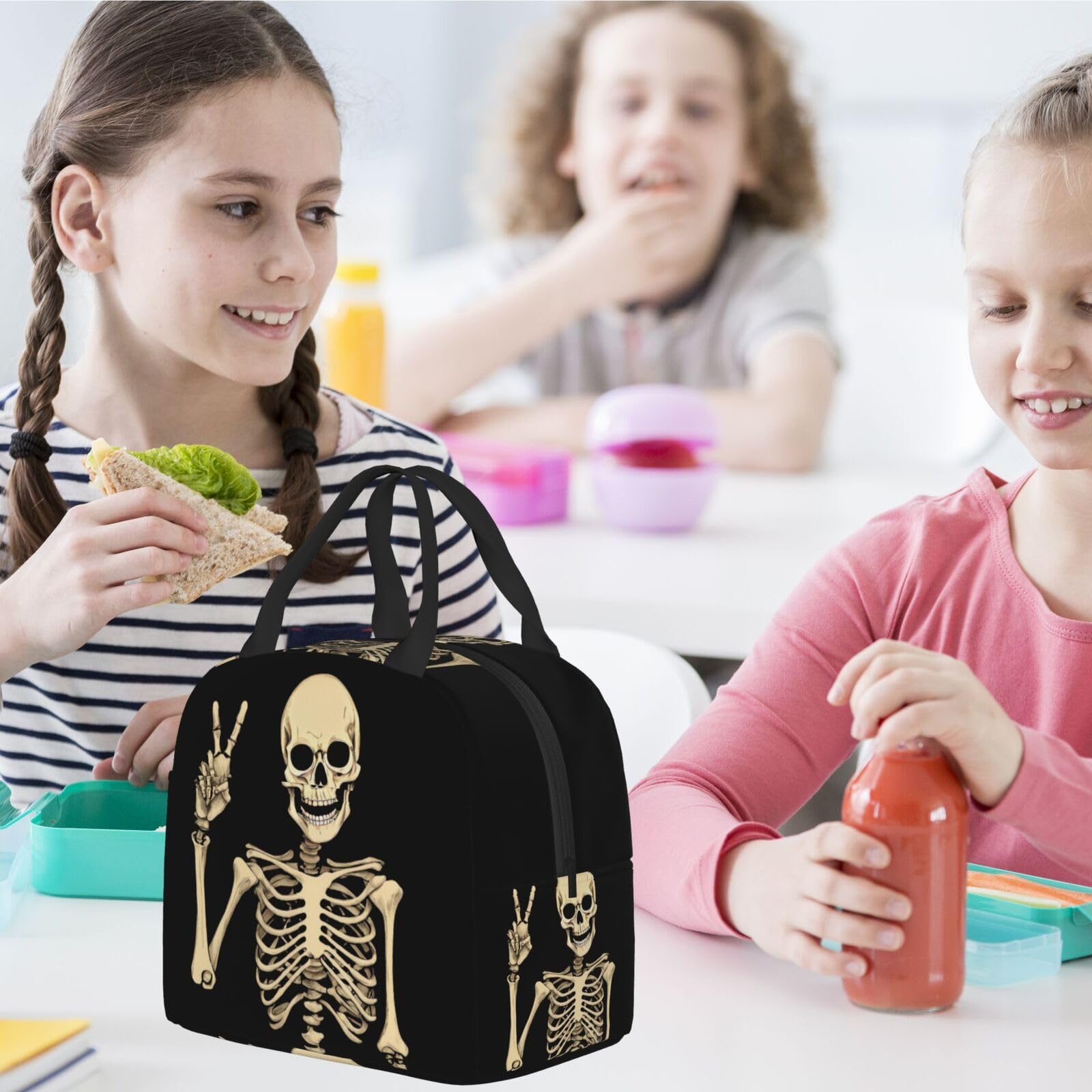 **Insulated Skeleton Bone Lunch Box - Reusable Black Lunch Tote Bag for Men & Women, Perfect for Office, Camping, Hiking, Picnic, Beach & Travel - Ideal for Work, School & Outdoor Adventures**