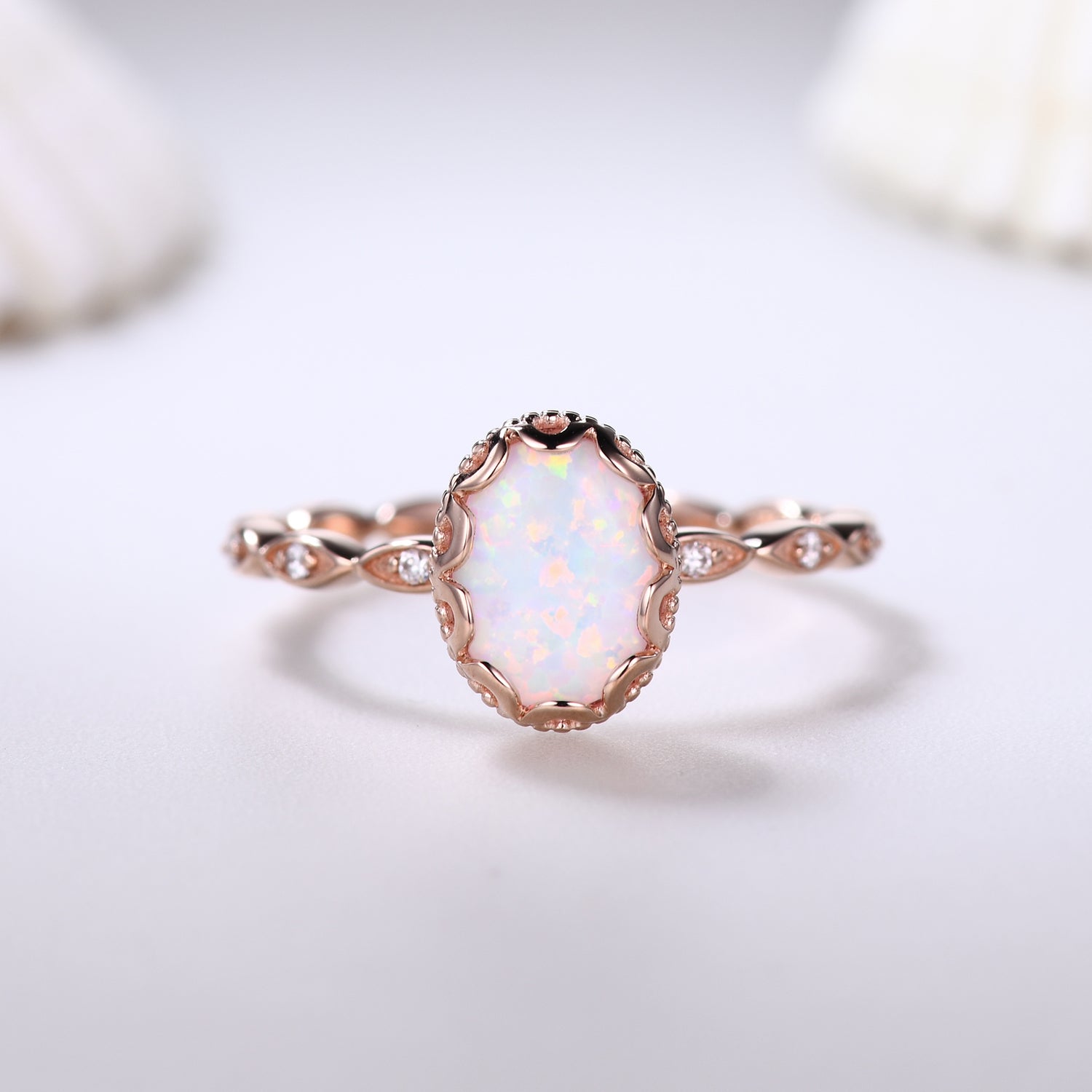 Filigree White Opal Bridal Ring - Rose Gold Full Eternity Band for Wedding, Anniversary & October Birthstone Gift - Perfect for Engagement, Bridal Shower & Romantic Occasions