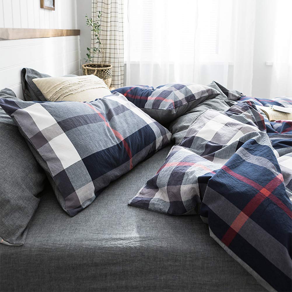 King Size Navy Blue Plaid Comforter Set - Lightweight Buffalo Check Cotton Bedding with Red & White Grid Pattern | Super Soft Blue Checkered Duvet Cover for Men, Boys & Adults | Perfect for Bedroom, Dorm, Guest Room & Cozy Winter Nights