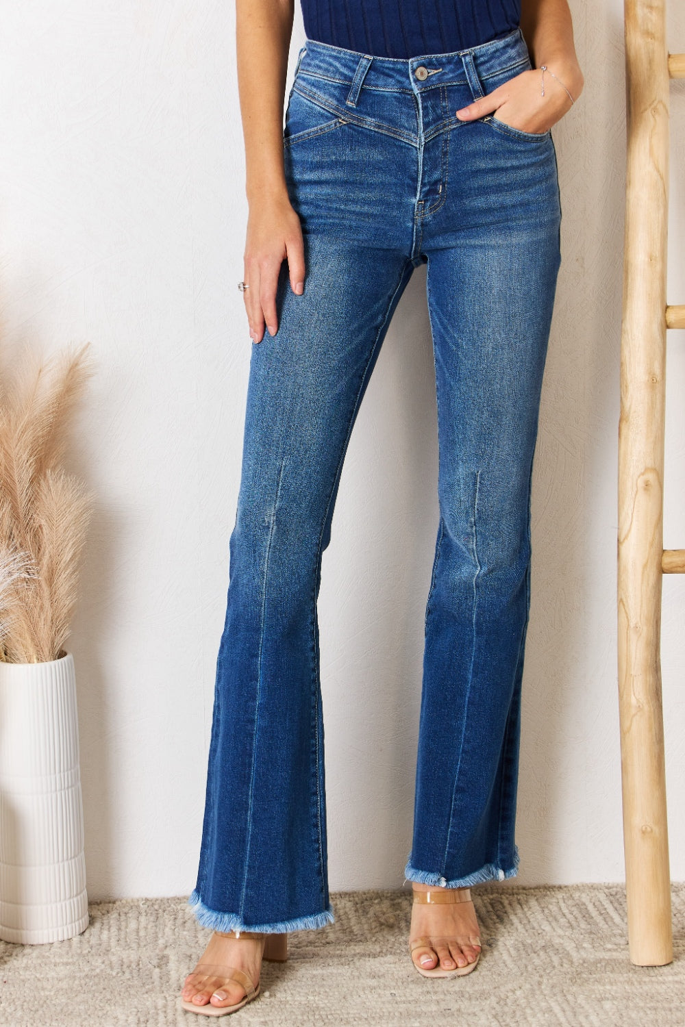 Kancan Women's High Rise Raw Hem Flare Jeans - Vintage Denim Pants for Casual Outfits & Date Nights | Comfortable Stretch Bootcut Jeans for Everyday Wear