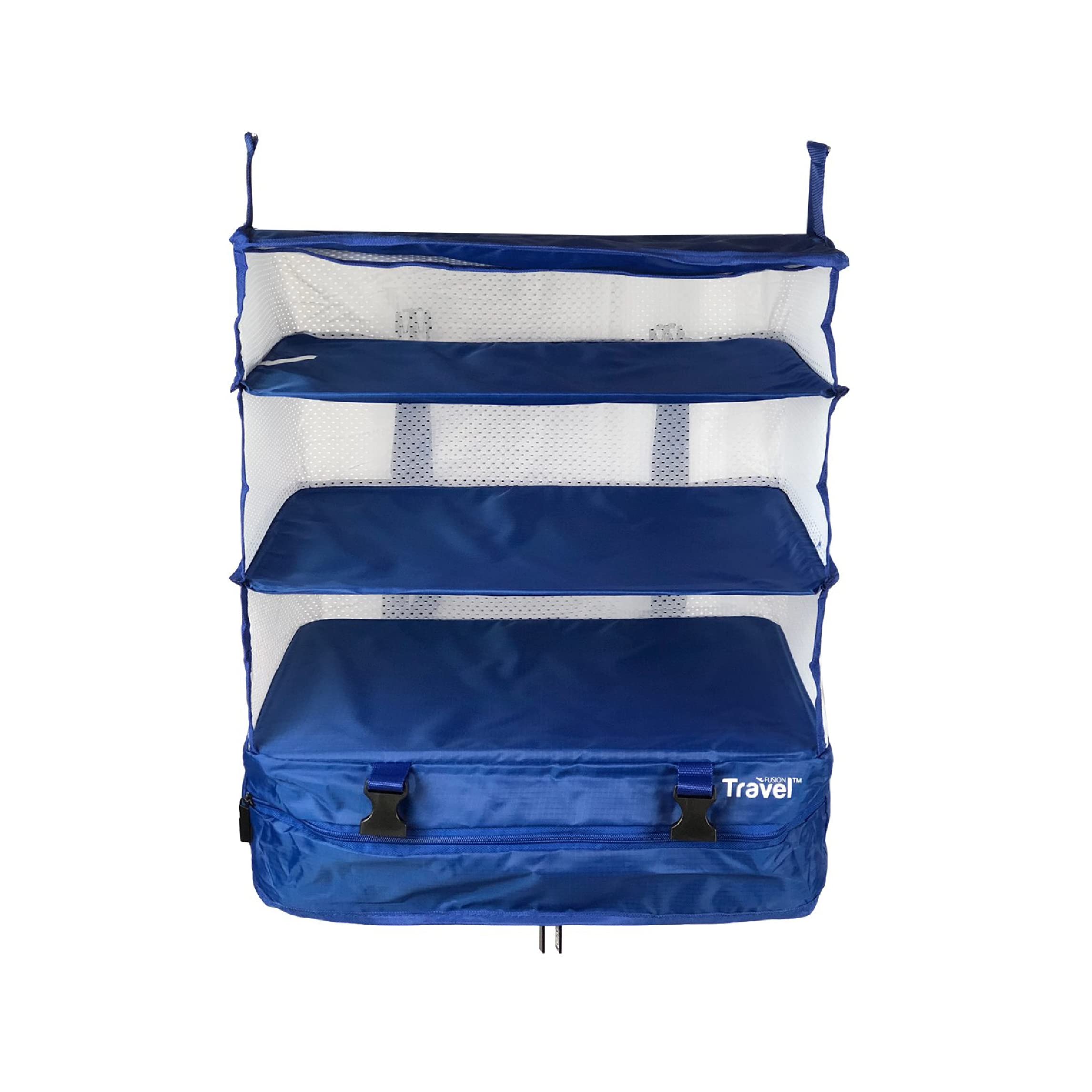 Grand Fusion Stow-N-Go Portable Hanging Travel Shelves - Expandable Packing Organizer for Luggage & Carry-On Closet | Space-Saving Clothes Storage Solution | Perfect for Business Trips, Vacations & Weekend Getaways (Blue, XL 17.7