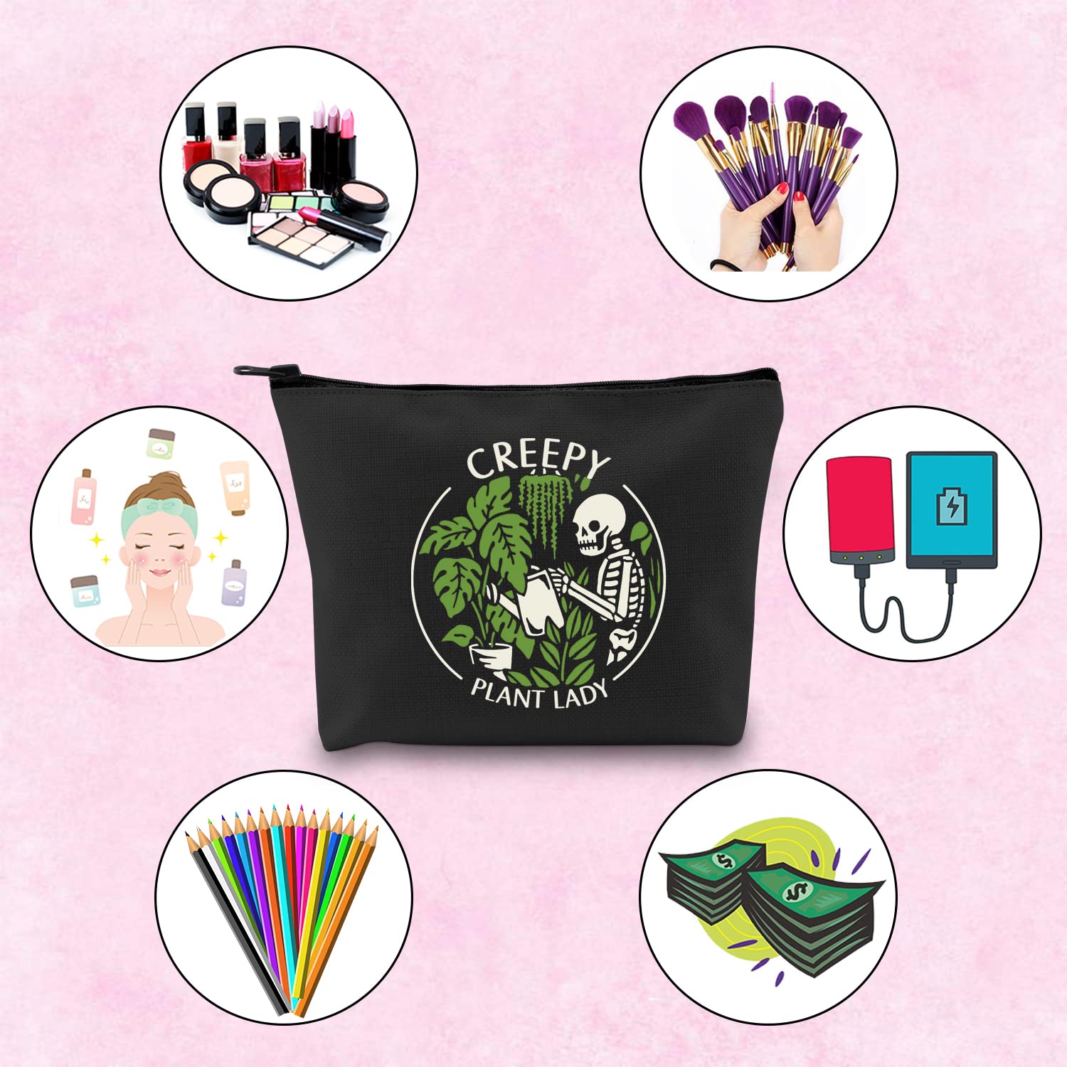 Spooky Plant Themed Zipper Pouch Makeup Bag - Creepy Plant Lady Design - Perfect Housewarming Gift for Plant Lovers - Beige Cosmetic Organizer for Goth Gardeners & Halloween Decor Enthusiasts - Great for Makeup Storage, Travel Essentials & Witchy Aesthetic Collections