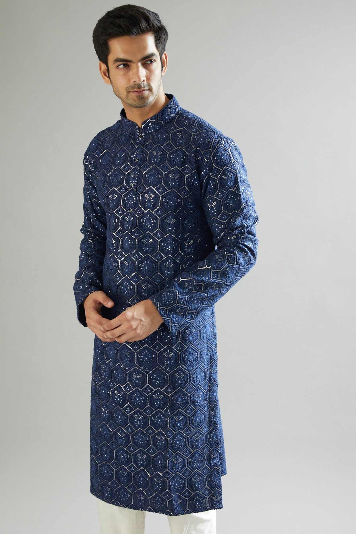Elegant Navy Blue Embroidered Kurta for Men | Traditional Indian Tunic | Perfect for Festivals, Weddings & Cultural Events
