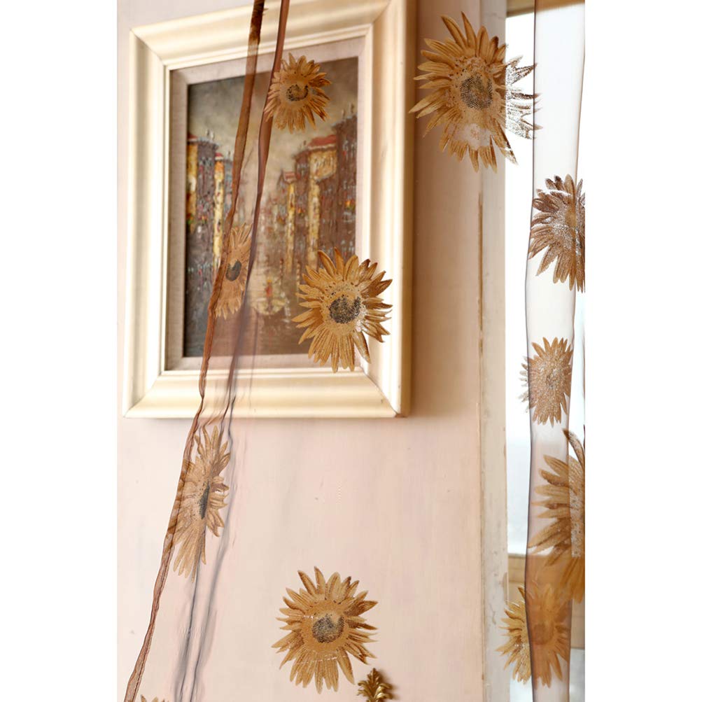 BESPORTBLE Crushed Voile Sheer Curtains - Flax Linen Window Treatments with Sunflower Pattern, Semi-Transparent Tulle Drapes for Living Room & Bedroom (Set of 2 Panels)