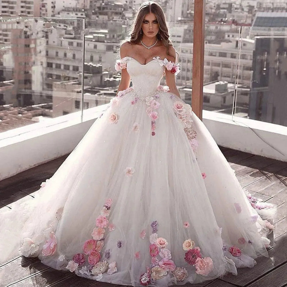Elegant 3D Floral Ball Gown Wedding Dress - Sweetheart Off-Shoulder Princess Bridal Gown with Sweep Train | Perfect for Fairytale Weddings, Prom & Formal Events
