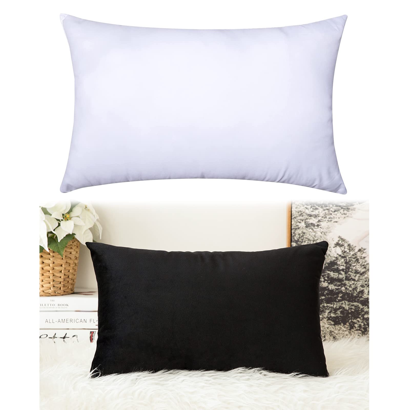MIULEE Velvet Soft Hypoallergenic Decorative Square Throw Pillow Cover & Insert - 12x20 Inch (30x50cm) Black - Perfect for Sofa, Bed, Couch, and Home Decor