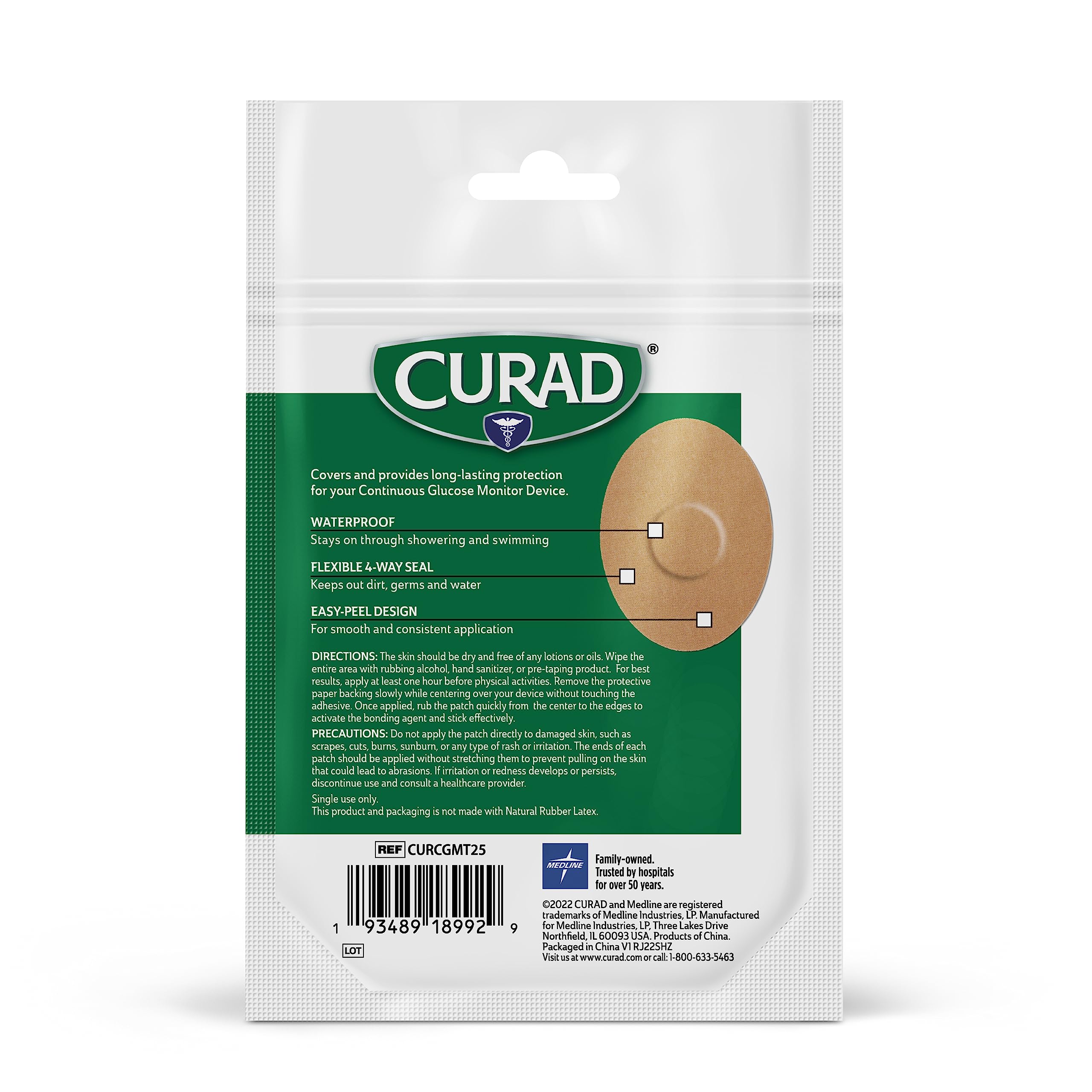 Curad Tan CGM Patches (25-Count) - Waterproof Glucose Monitor Cover for Active Lifestyles