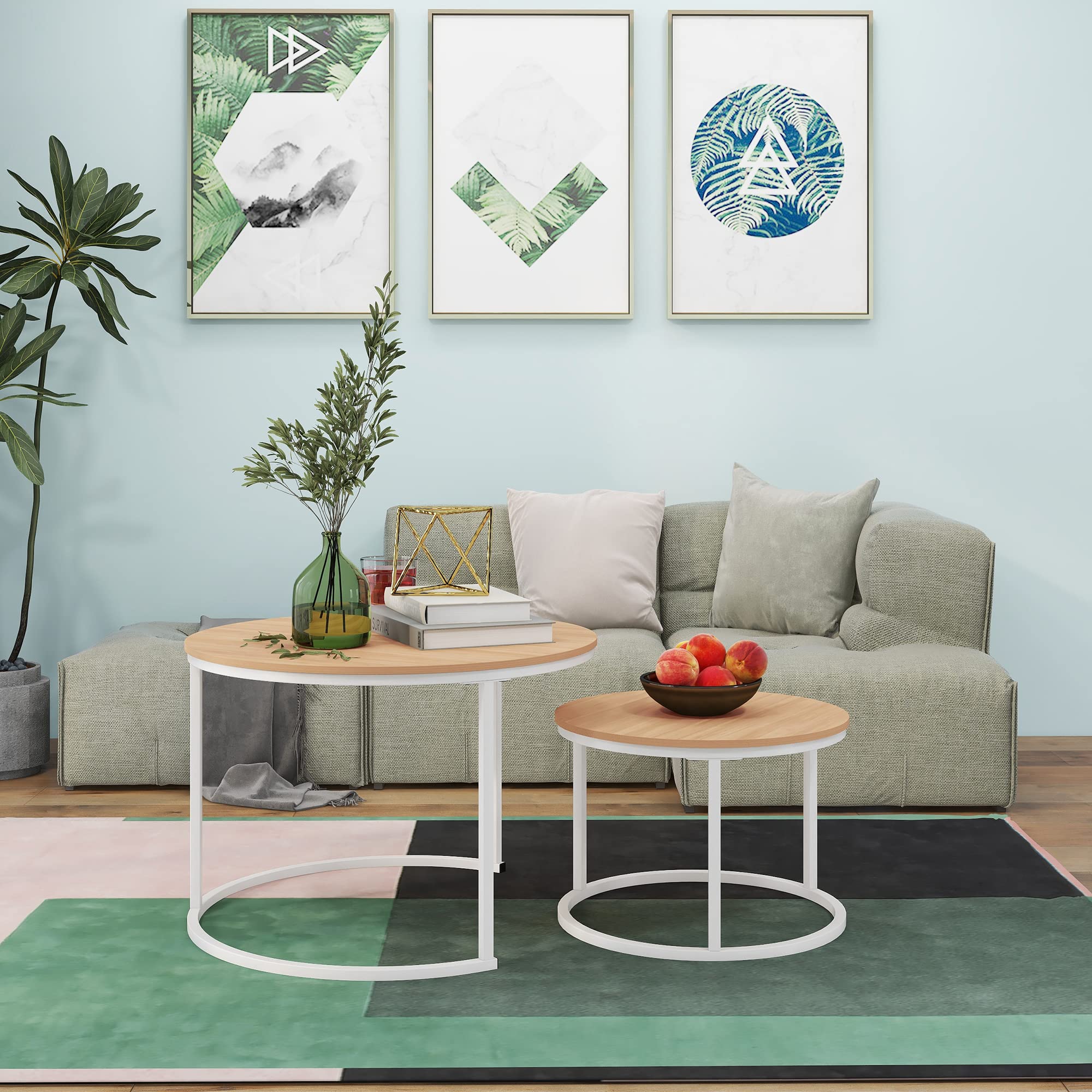 HOJINLINERO 2-Piece Round Coffee Table Set - Stackable End Tables for Living Room, Sturdy & Easy Assembly, Wood Look Accent Furniture with Metal Frame, Industrial Modern Style in White & Teak Oak - Perfect for Small Spaces, Sofa Side Tables, Coffee Table Alternatives, Home Office & Apartment Decor